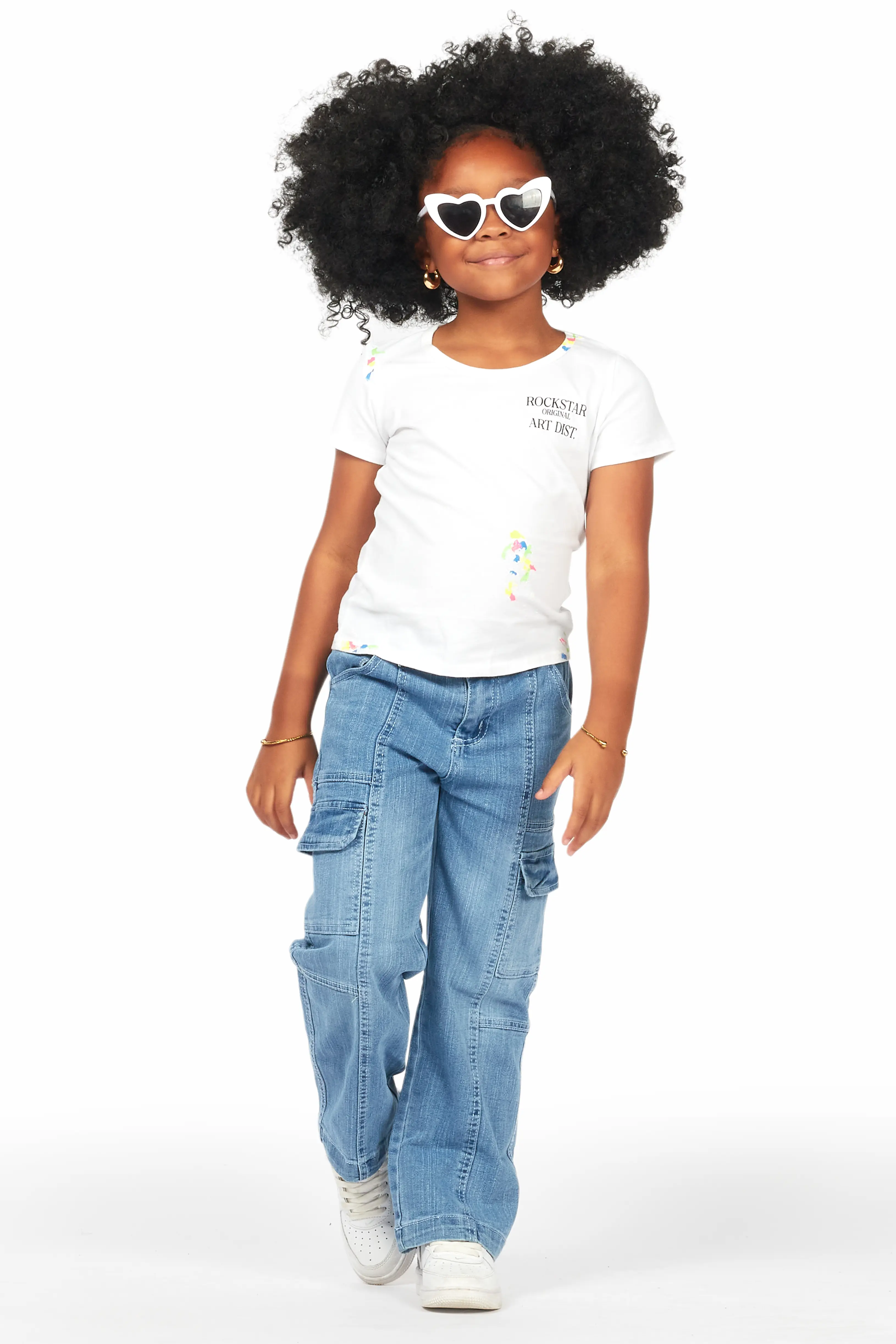 Girls Fatma White T-Shirt Wide Leg Cargo Jean Set - Image 2