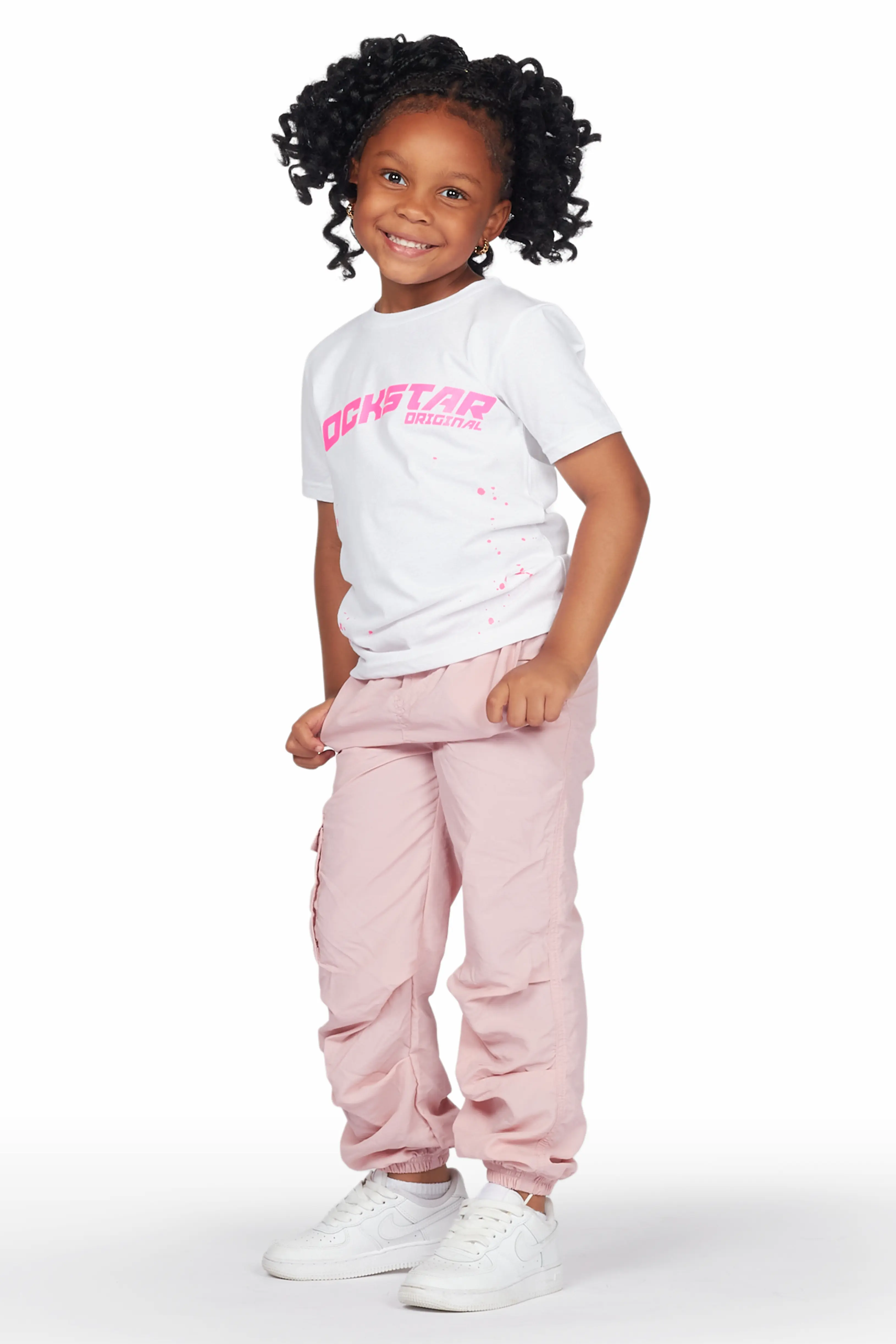 Girls Quincy White/Pink T-Shirt Cargo Jogger Set - Image 3
