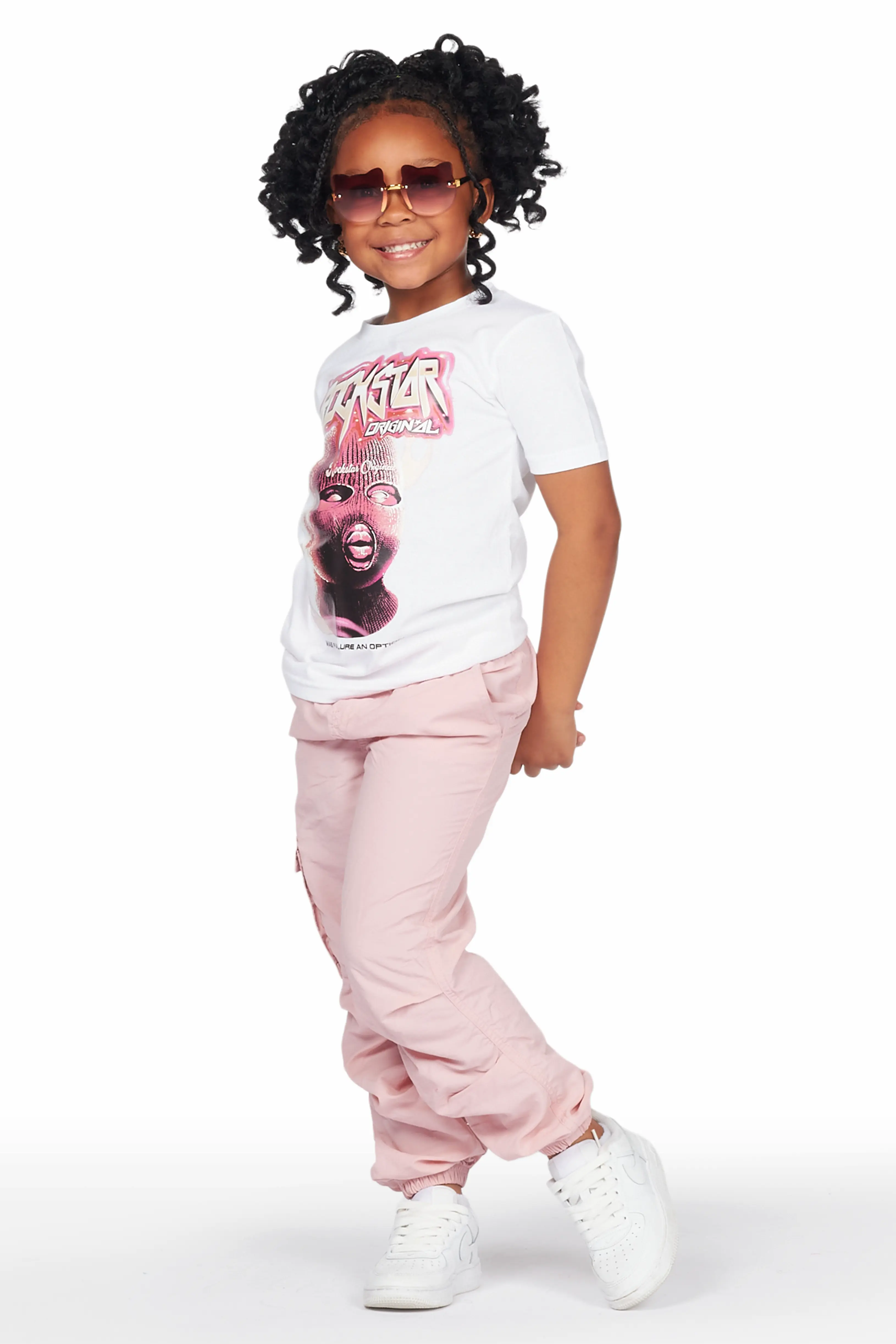Girls Karasi White/Pink T-Shirt Cargo Jogger Set - Image 4
