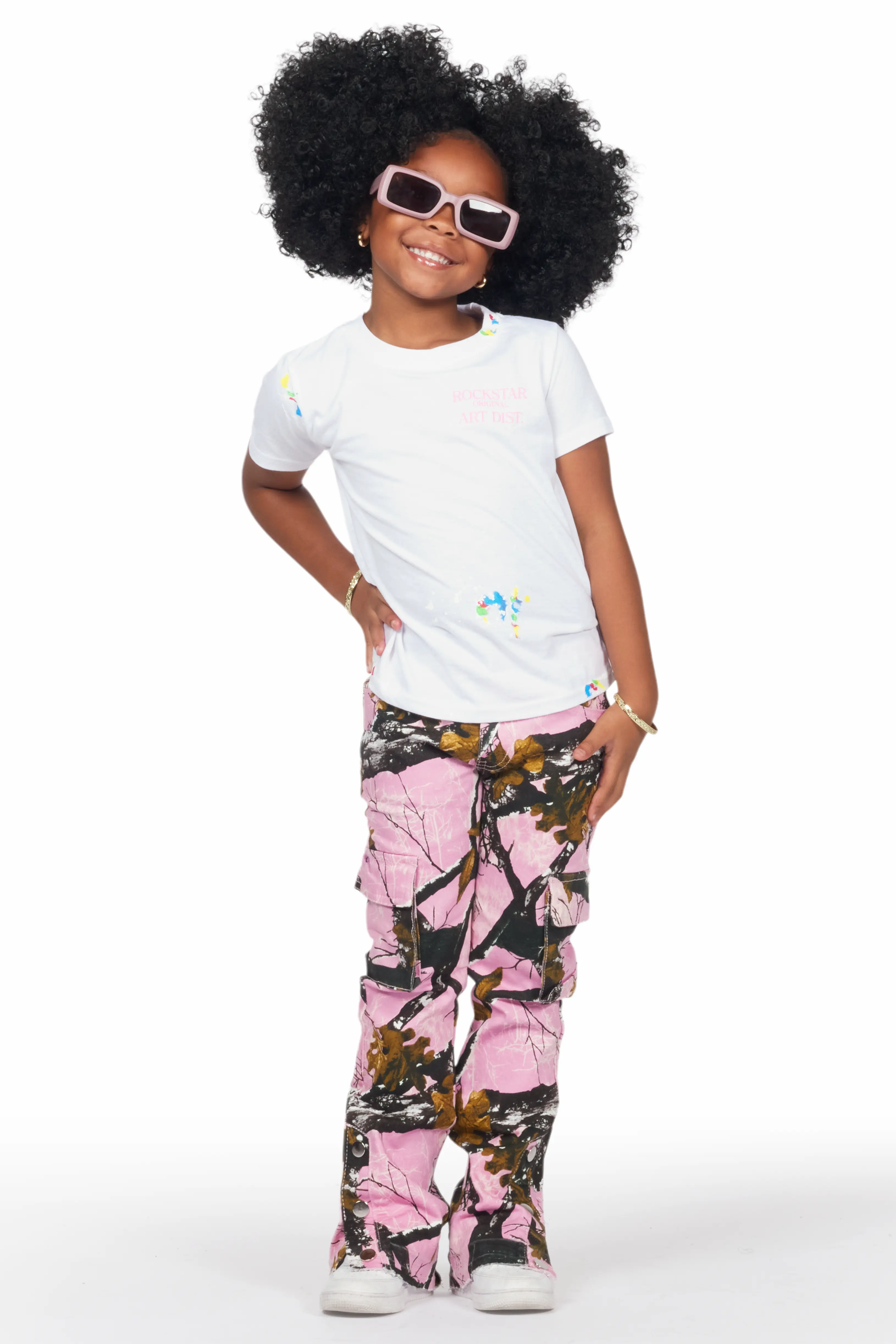 Girls Rasida White/Pink T-Shirt/Stacked Flare Jean Set - Image 2
