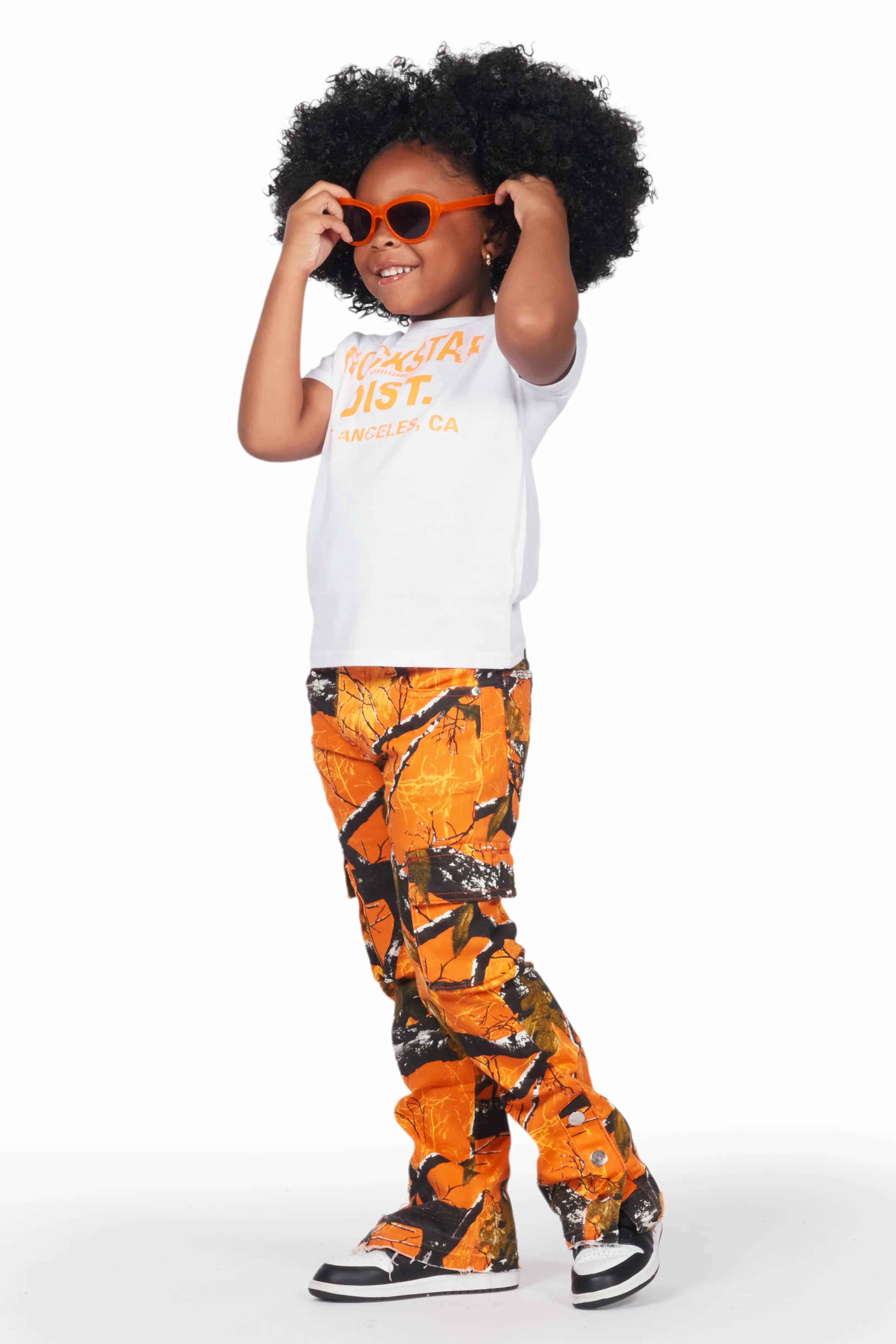 Girls Kona White/Orange T-Shirt/Stacked Flare Jean Set - Image 4