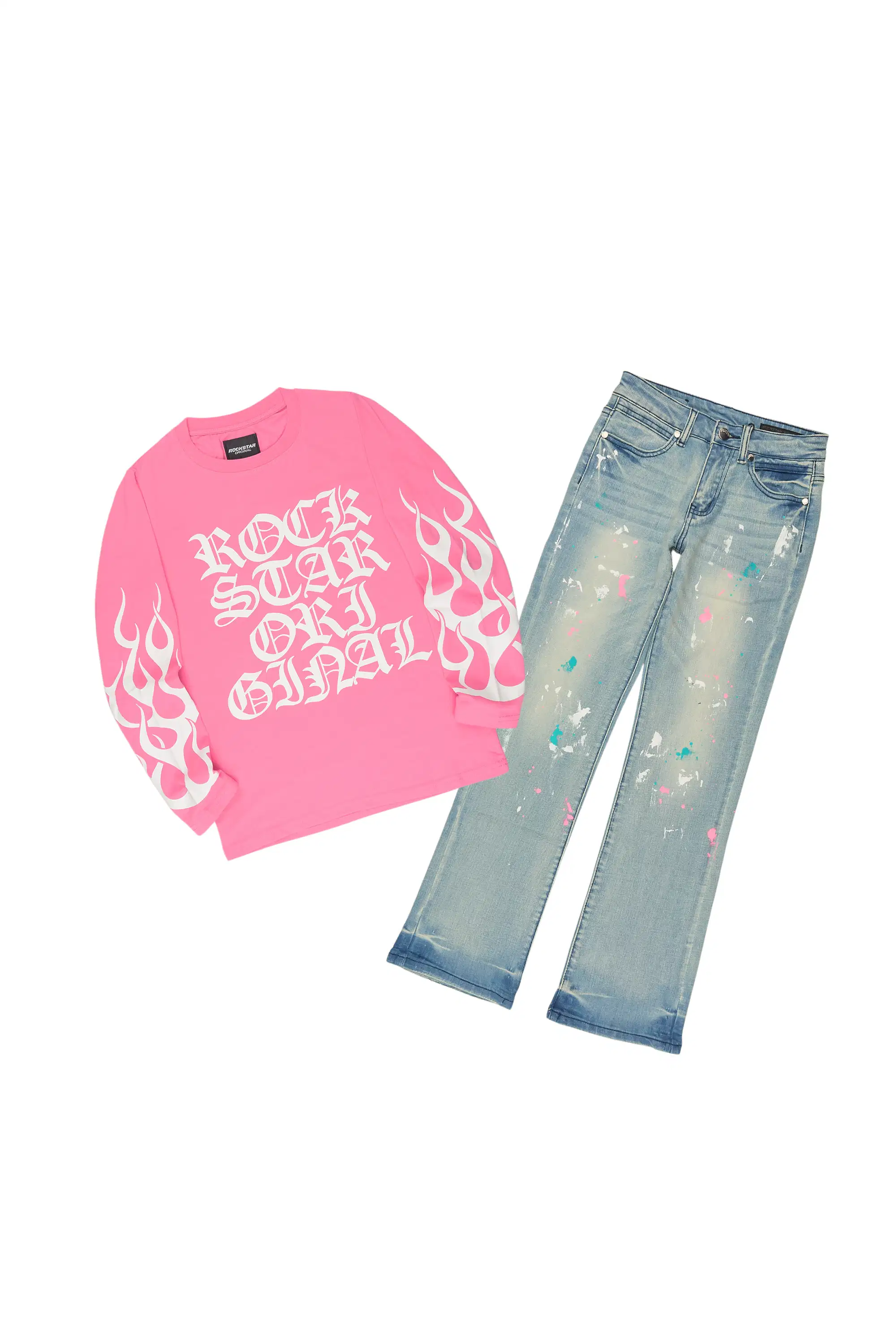 Girls Ariella Pink/Blue Long Sleeve T-Shirt Stacked Jean Set