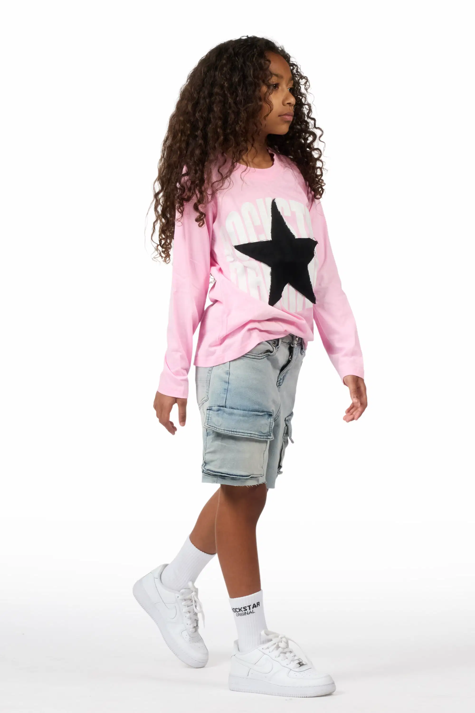 Girls Vary Pink/Black Long Sleeve T-Shirt/Denim Short Set - Image 3