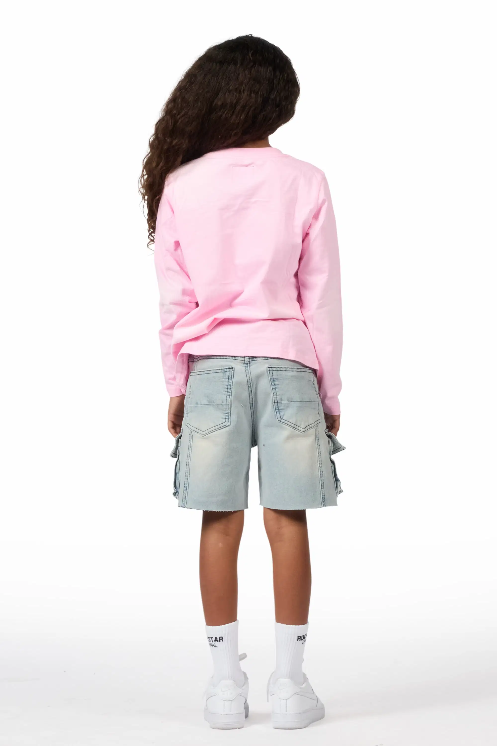 Girls Vary Pink/Black Long Sleeve T-Shirt/Denim Short Set - Image 4