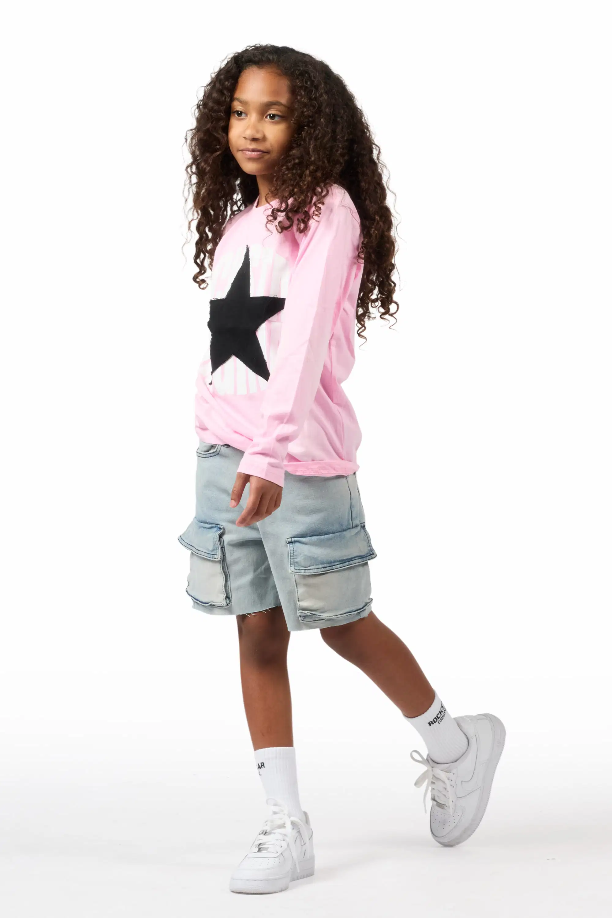 Girls Vary Pink/Black Long Sleeve T-Shirt/Denim Short Set - Image 5