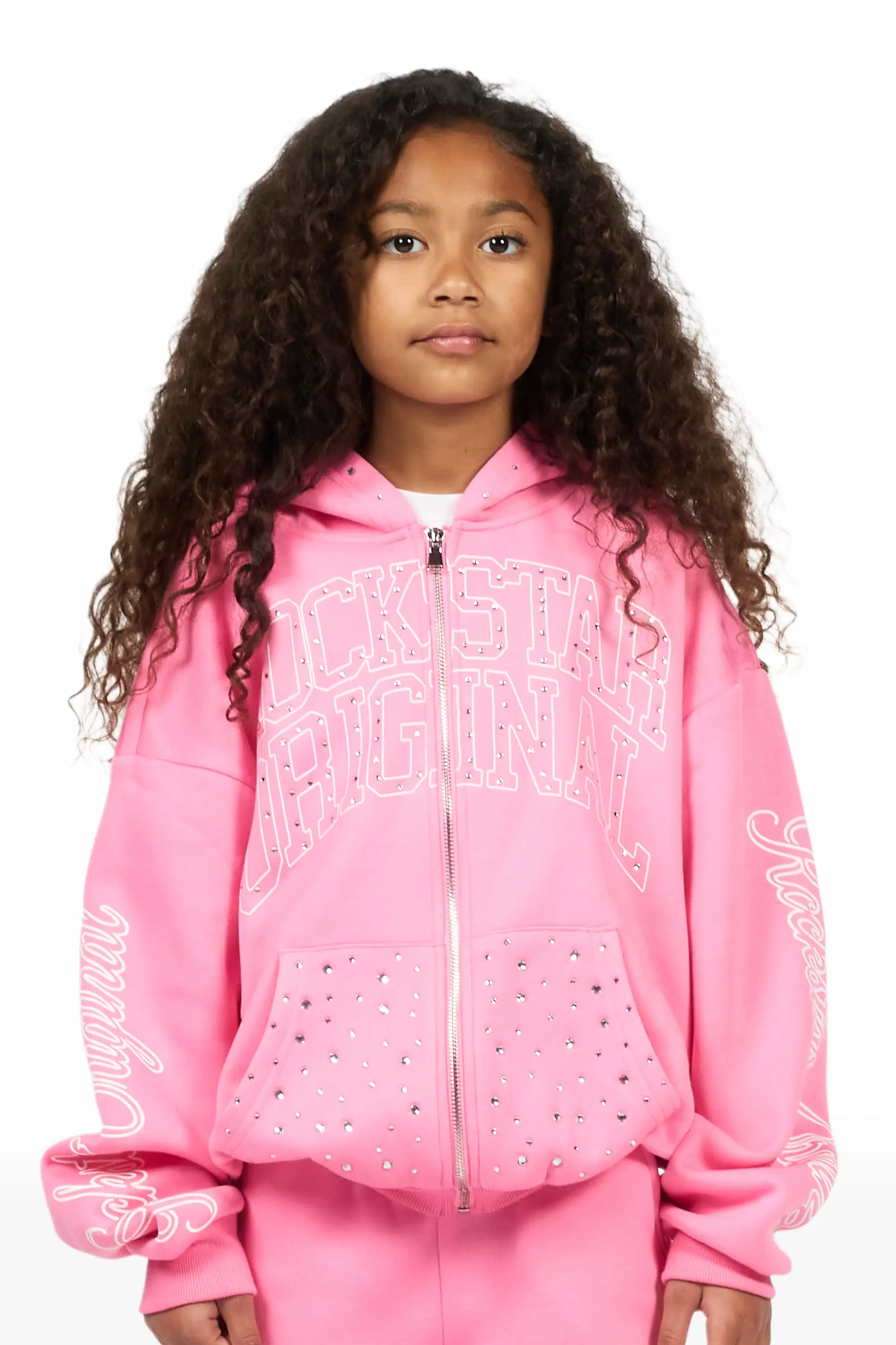 Girls Alvina Pink Rhinestone Zip Up Hoodie