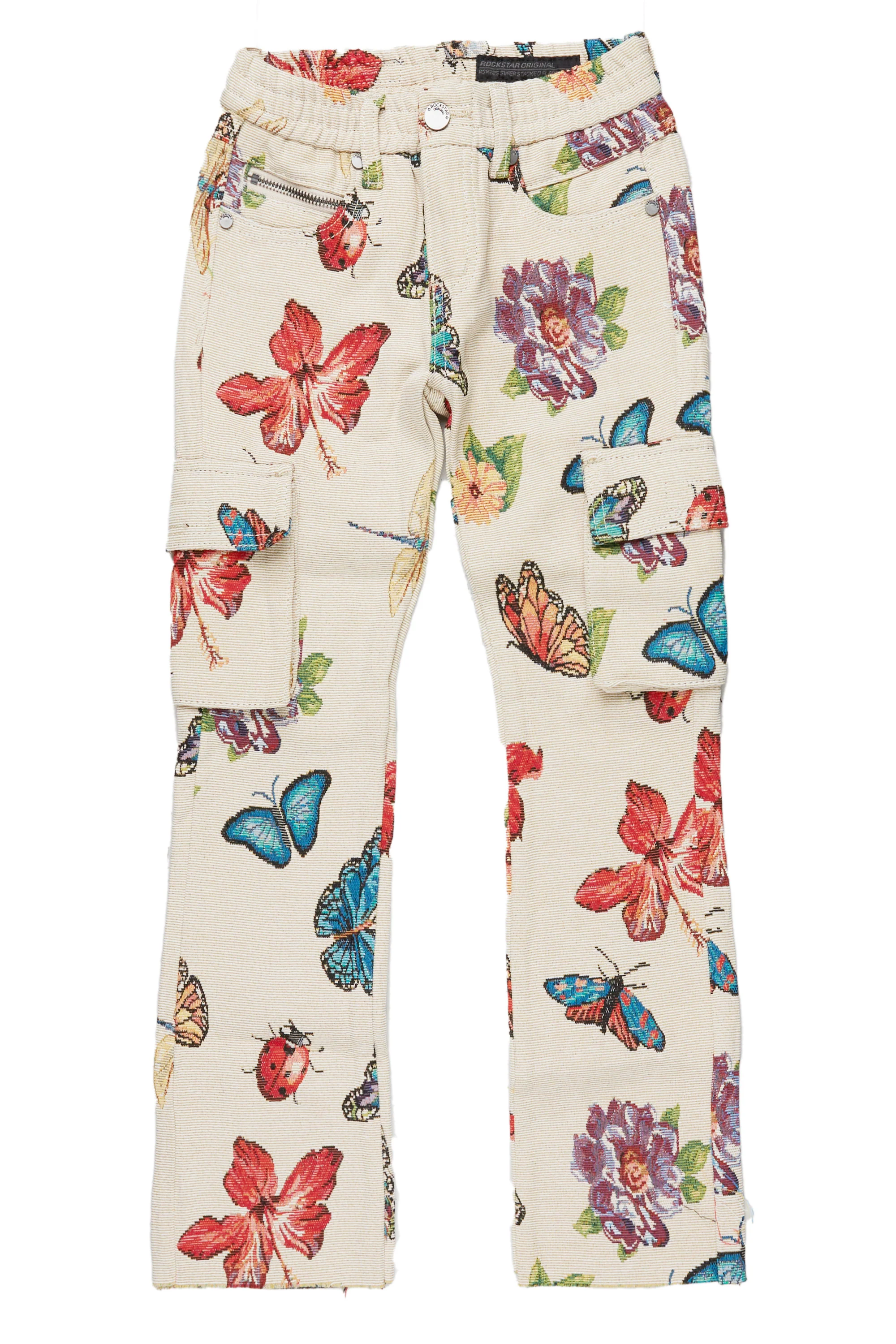 Girls Alora Beige Multi Tapestry Stacked Flare Jean