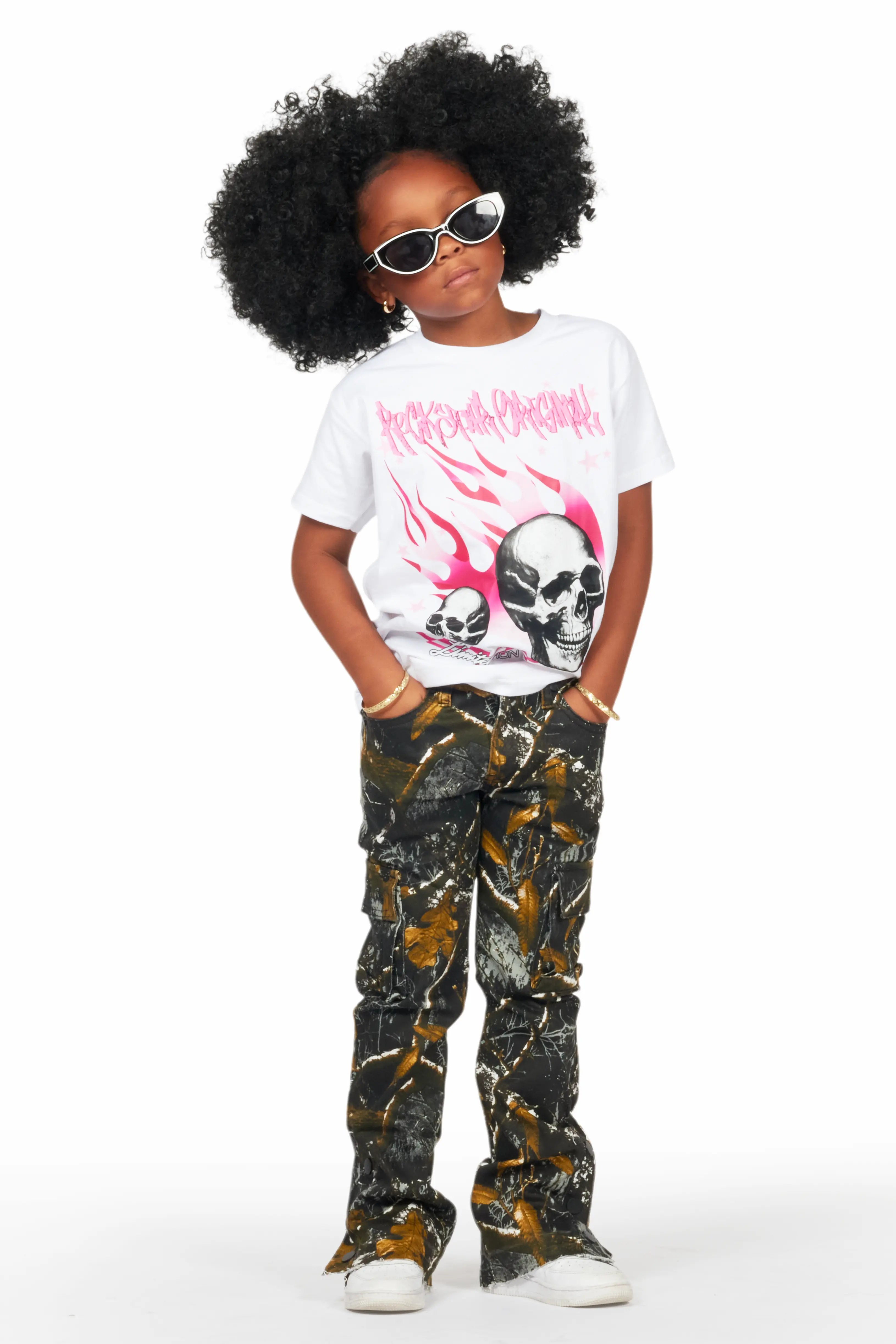 Girls Waapa Black Tree Camo Stacked Flare Cargo Jean - Image 3