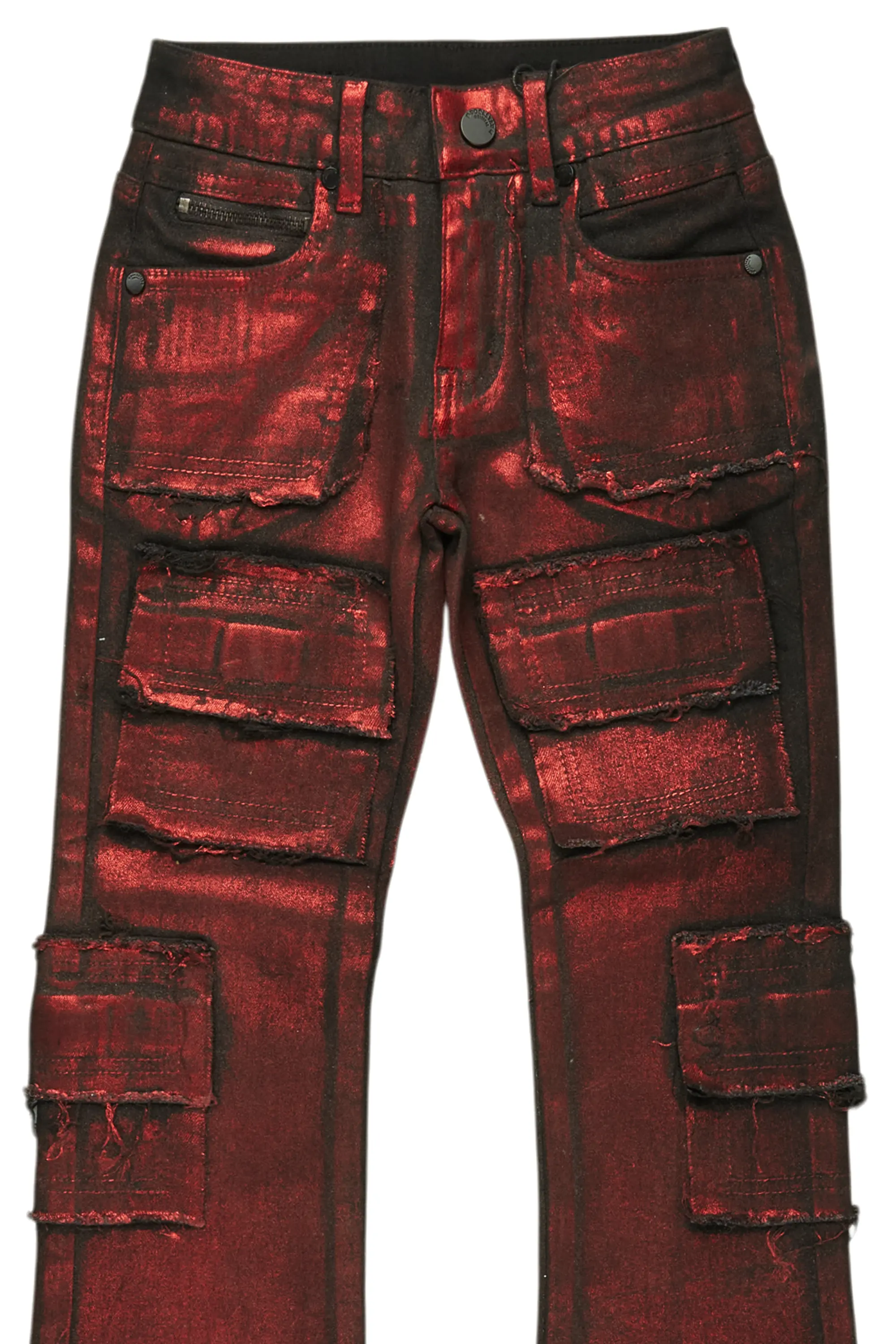 Girls Tyree Red Metallic Coated Stacked Flare Jean - Image 2