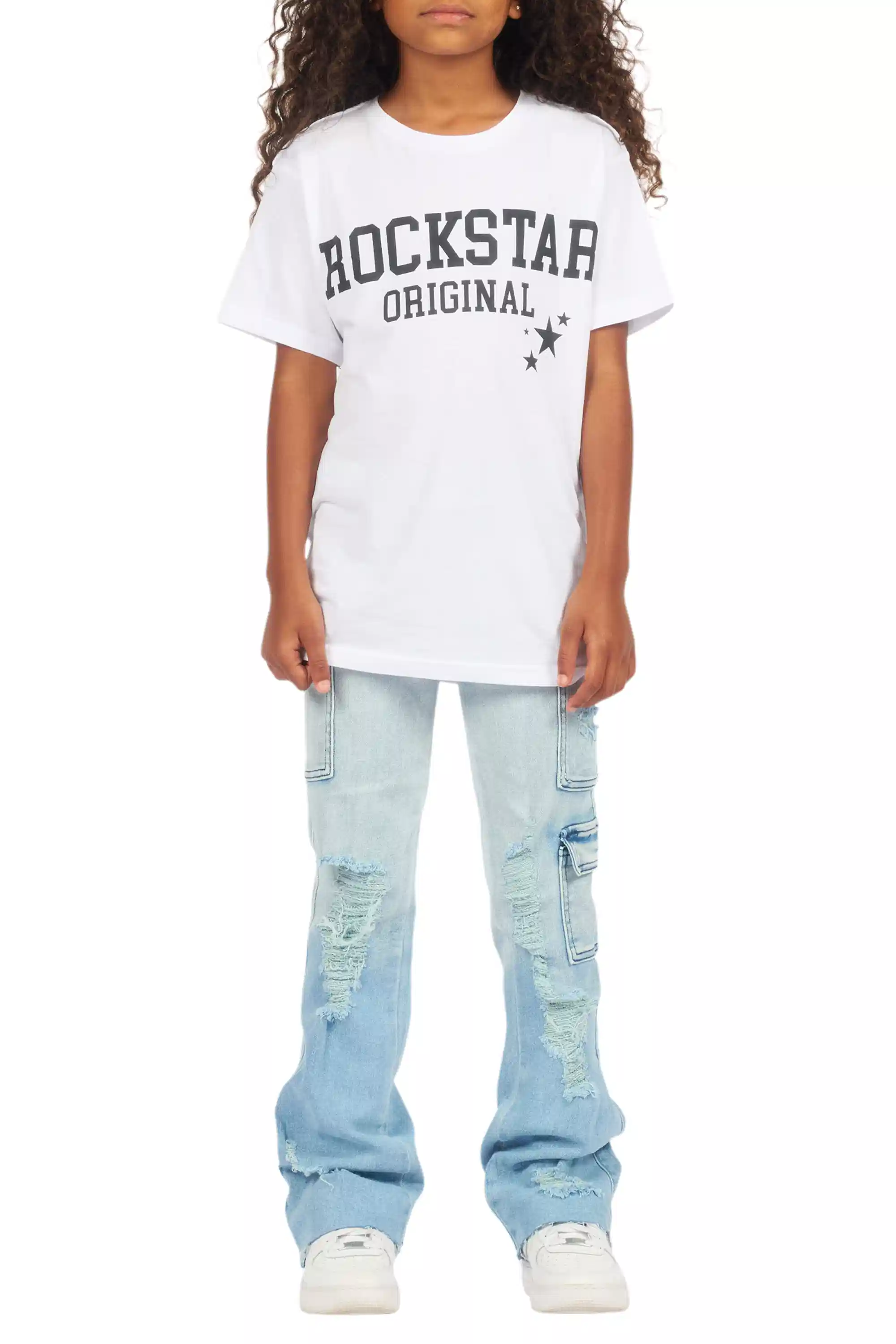 Girls Vixen Light Wash Distressed Stacked Jean - Image 11