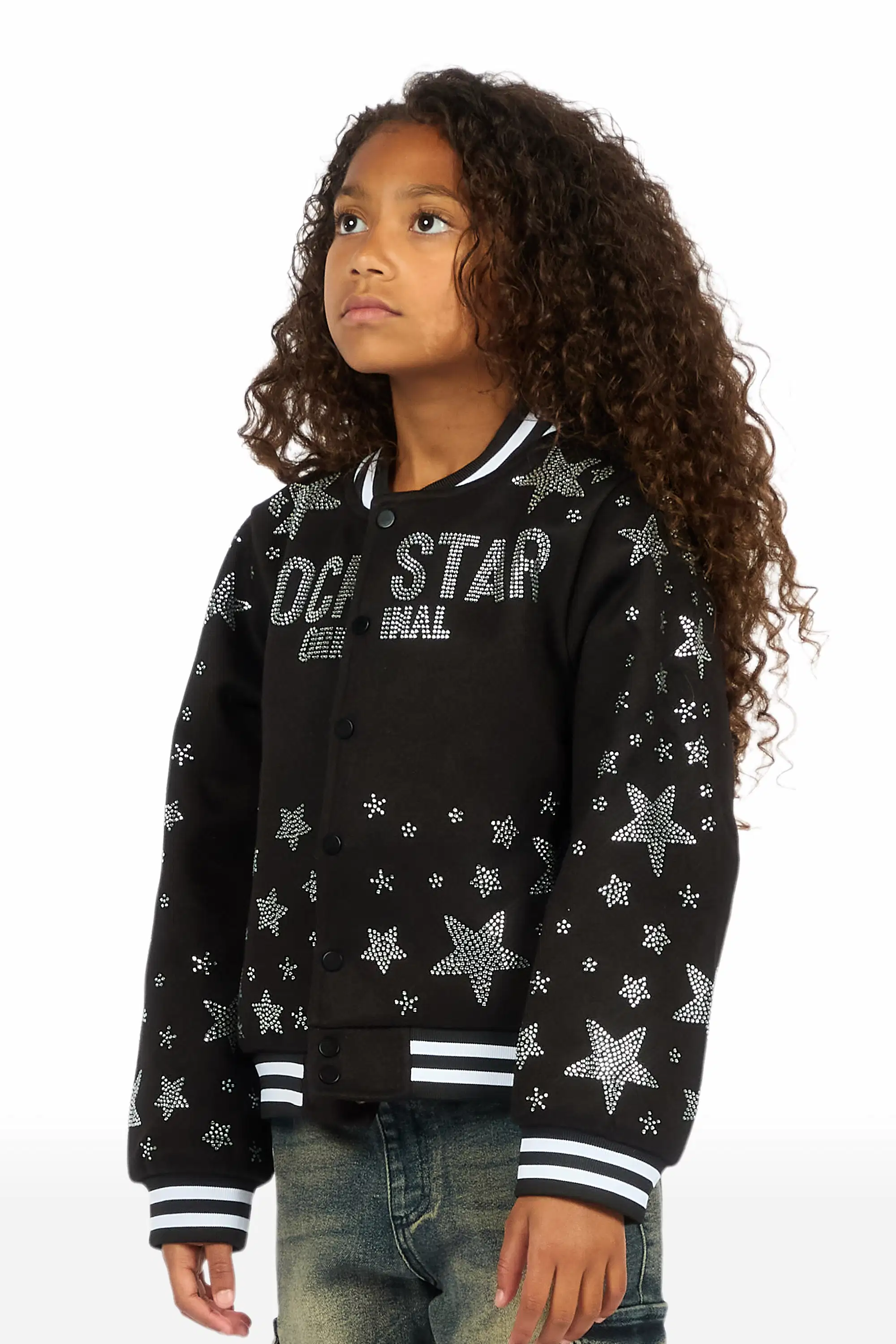 Girls Shanda Black Crop Varsity Jacket - Image 5