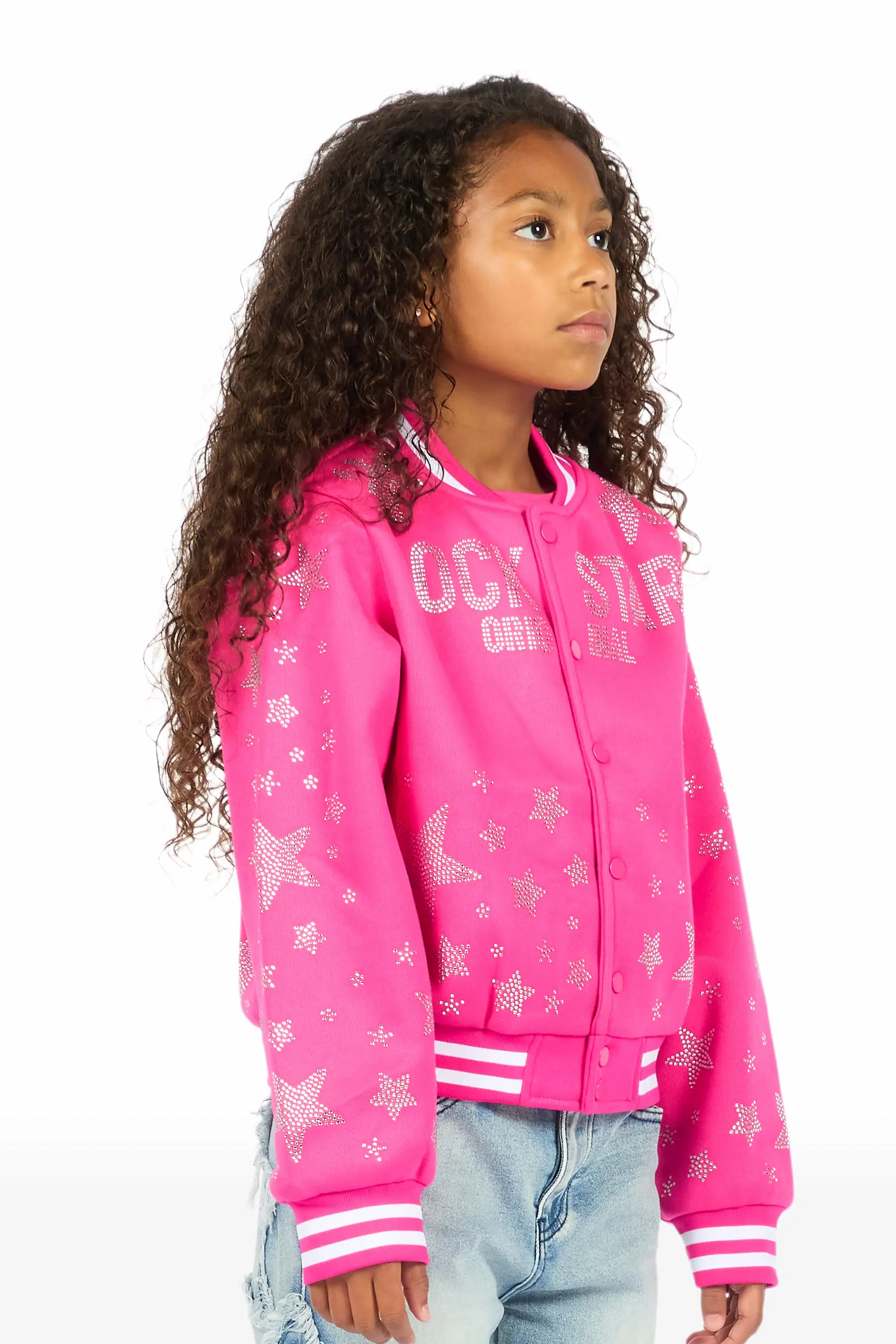 Girls Shanda Pink Crop Varsity Jacket - Image 3