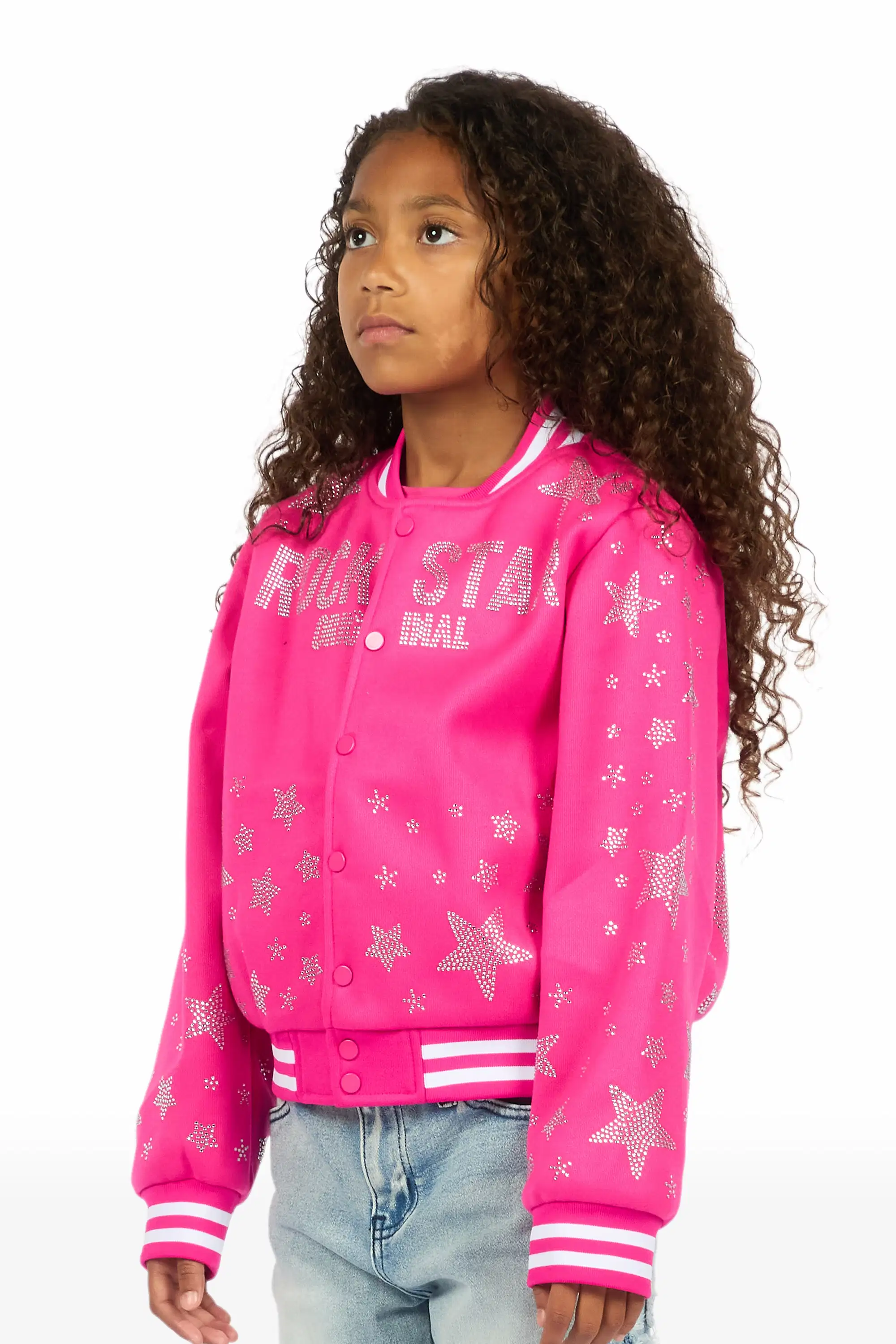 Girls Shanda Pink Crop Varsity Jacket - Image 5