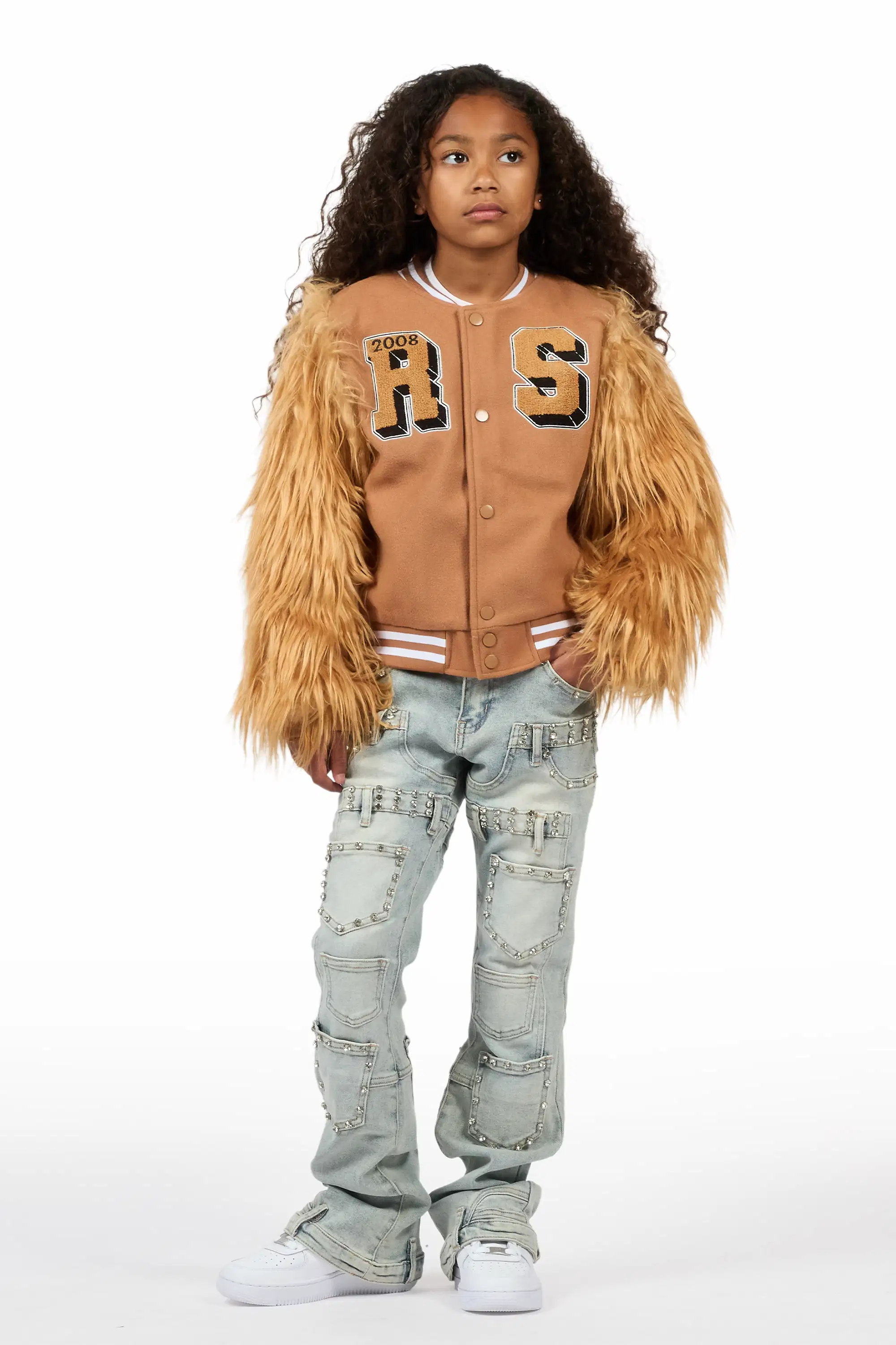 Girls Jameicia Mocha Fur Sleeve Varsity Jacket - Image 6