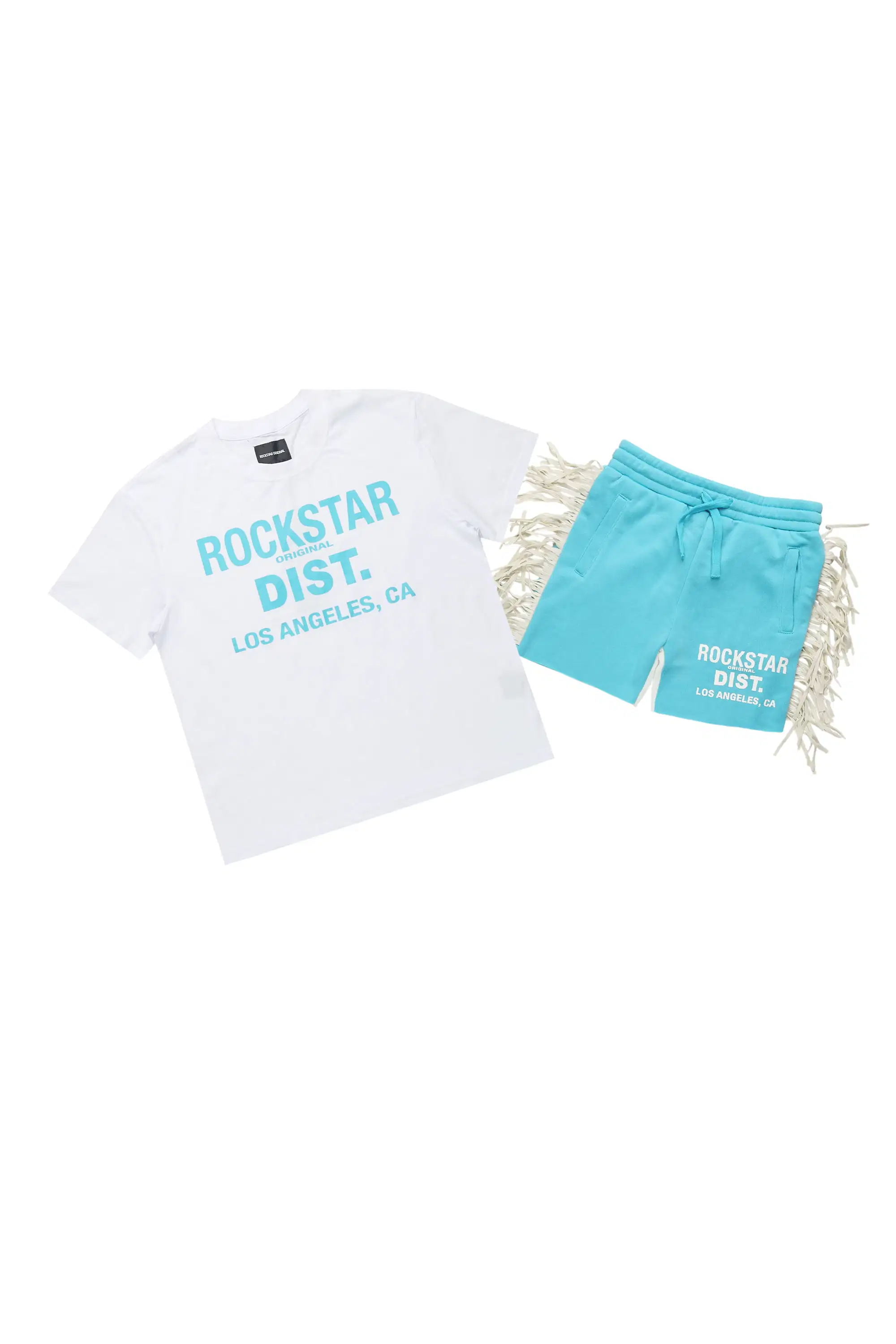 Girls Kendra White/Light Blue Graphic T-Shirt/Fringe Short Set - Image 2