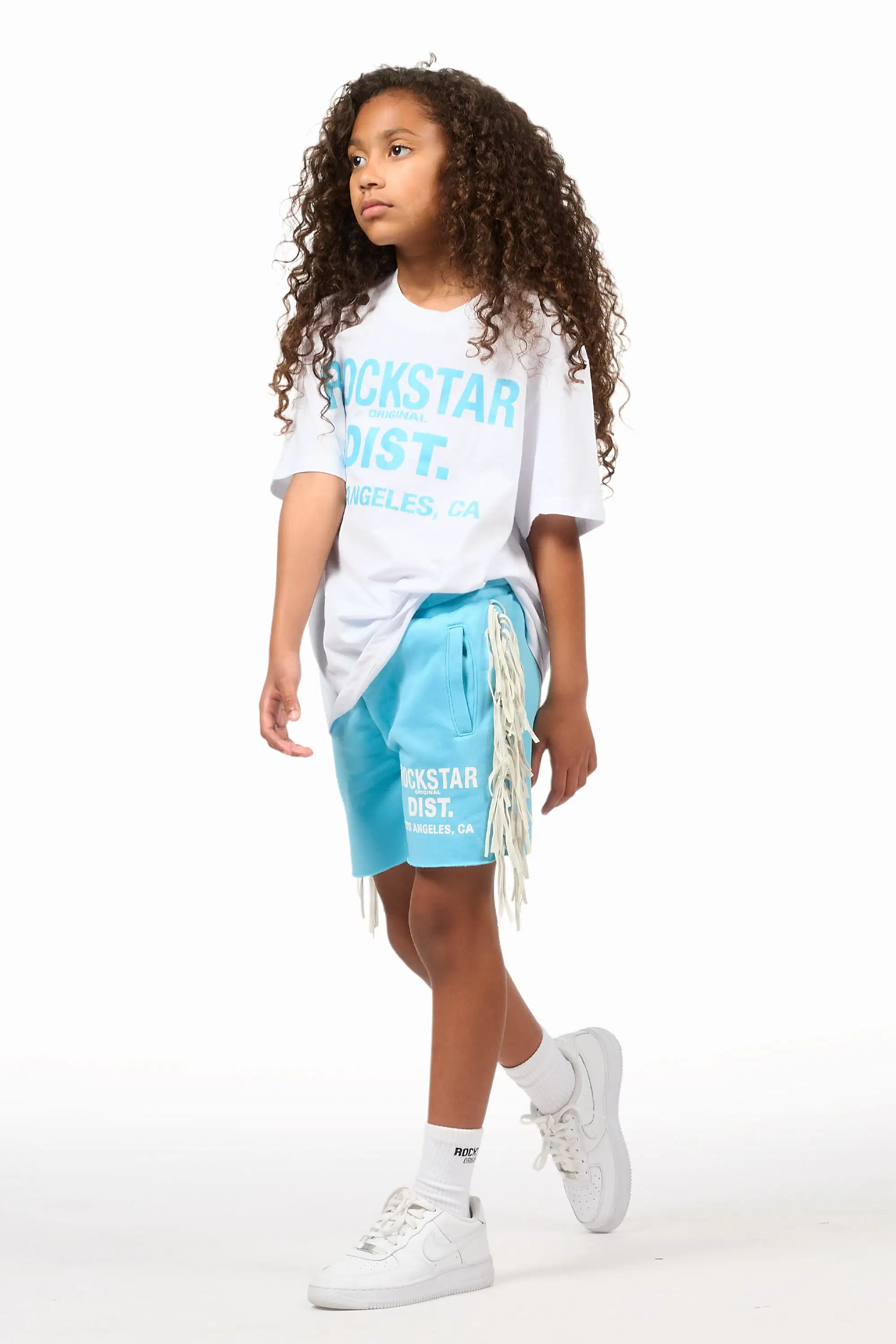 Girls Kendra White/Light Blue Graphic T-Shirt/Fringe Short Set - Image 5