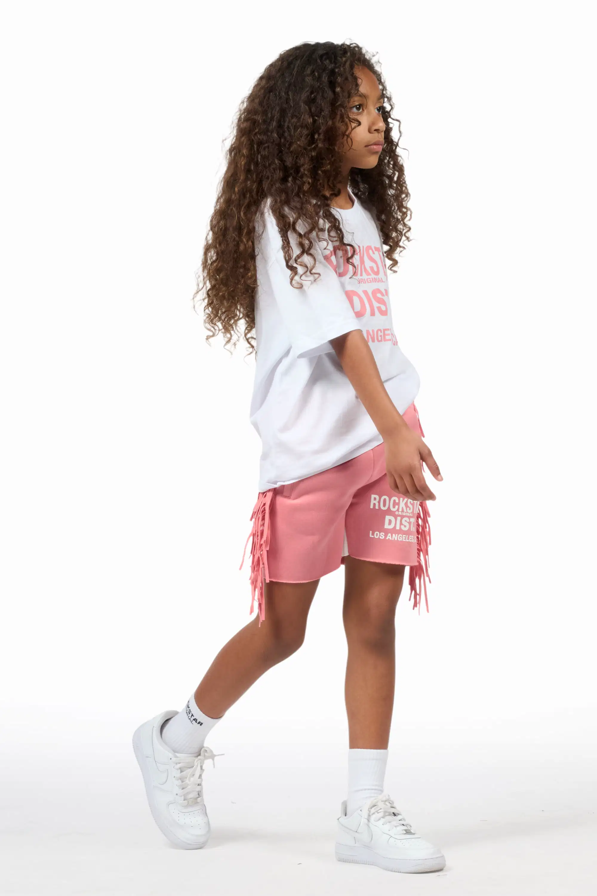 Girls Kendra White/Pink Graphic T-Shirt/Fringe Short Set - Image 2
