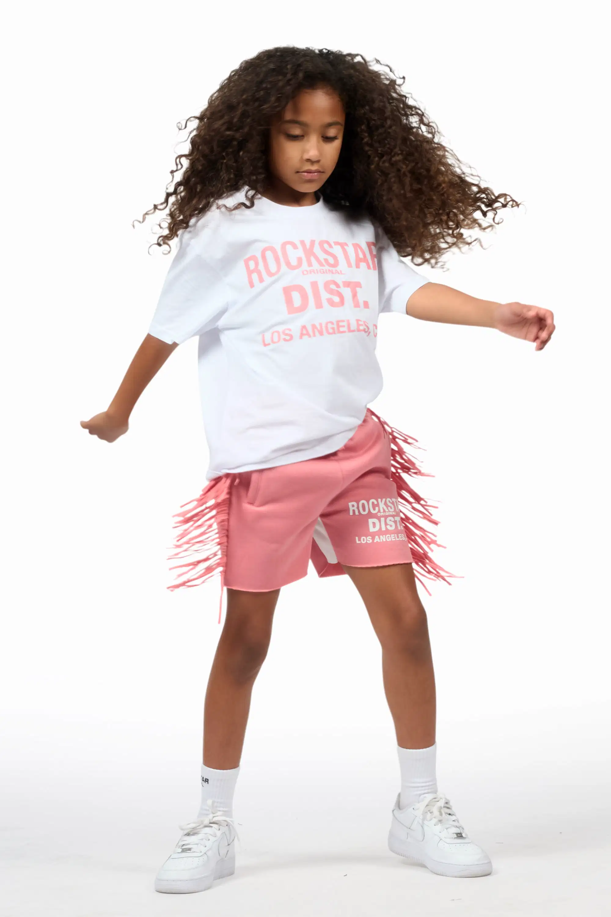 Girls Kendra White/Pink Graphic T-Shirt/Fringe Short Set - Image 8