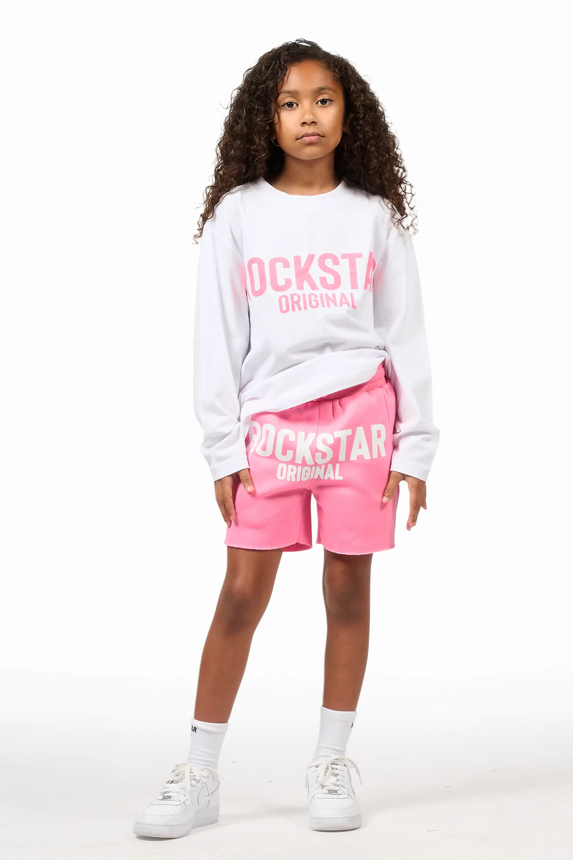 Girls Mikassa 2.0 White/Pink L/S T-Shirt Short Set - Image 4