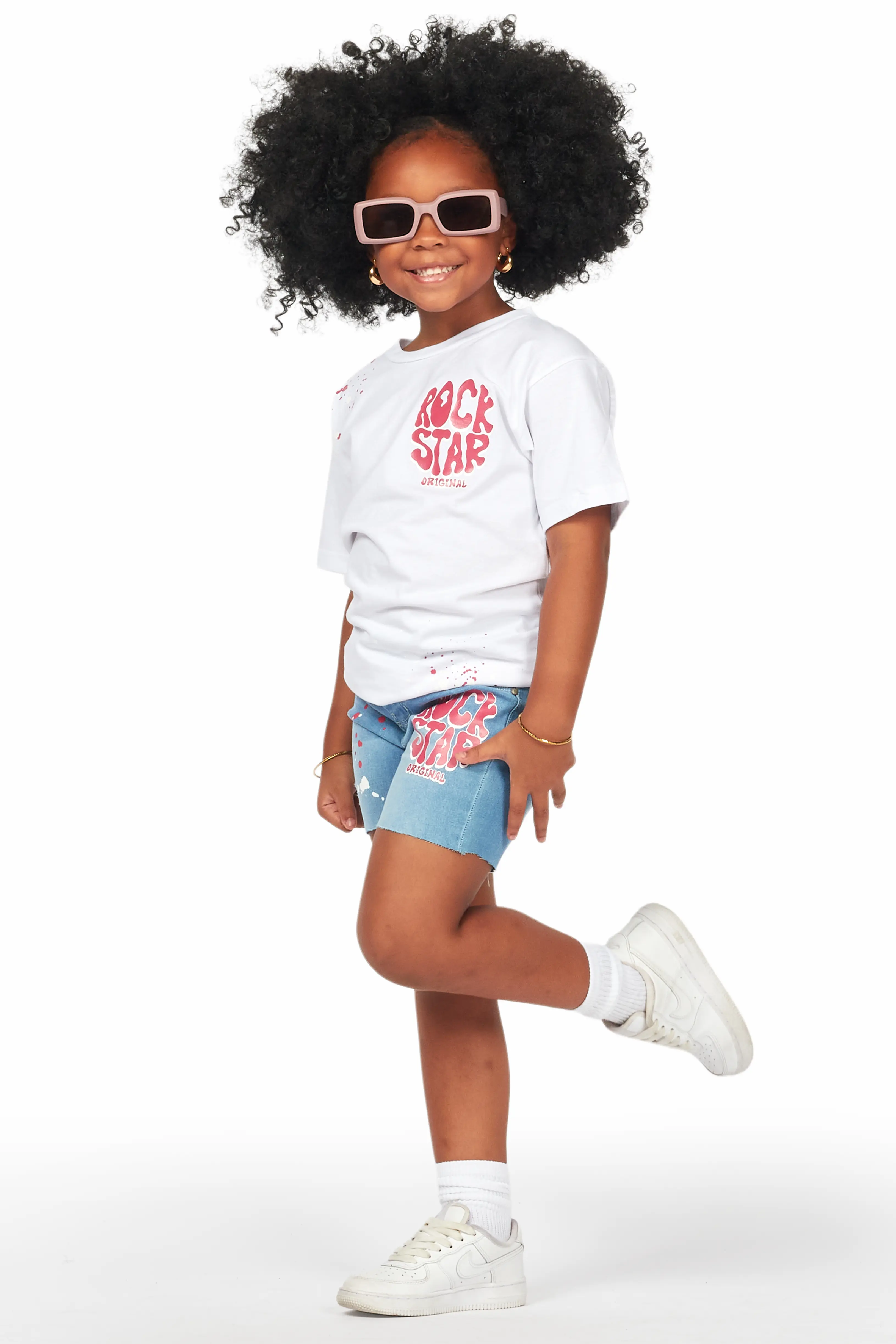 Girls Adrina White/Blue T-Shirt Denim Short Set - Image 4