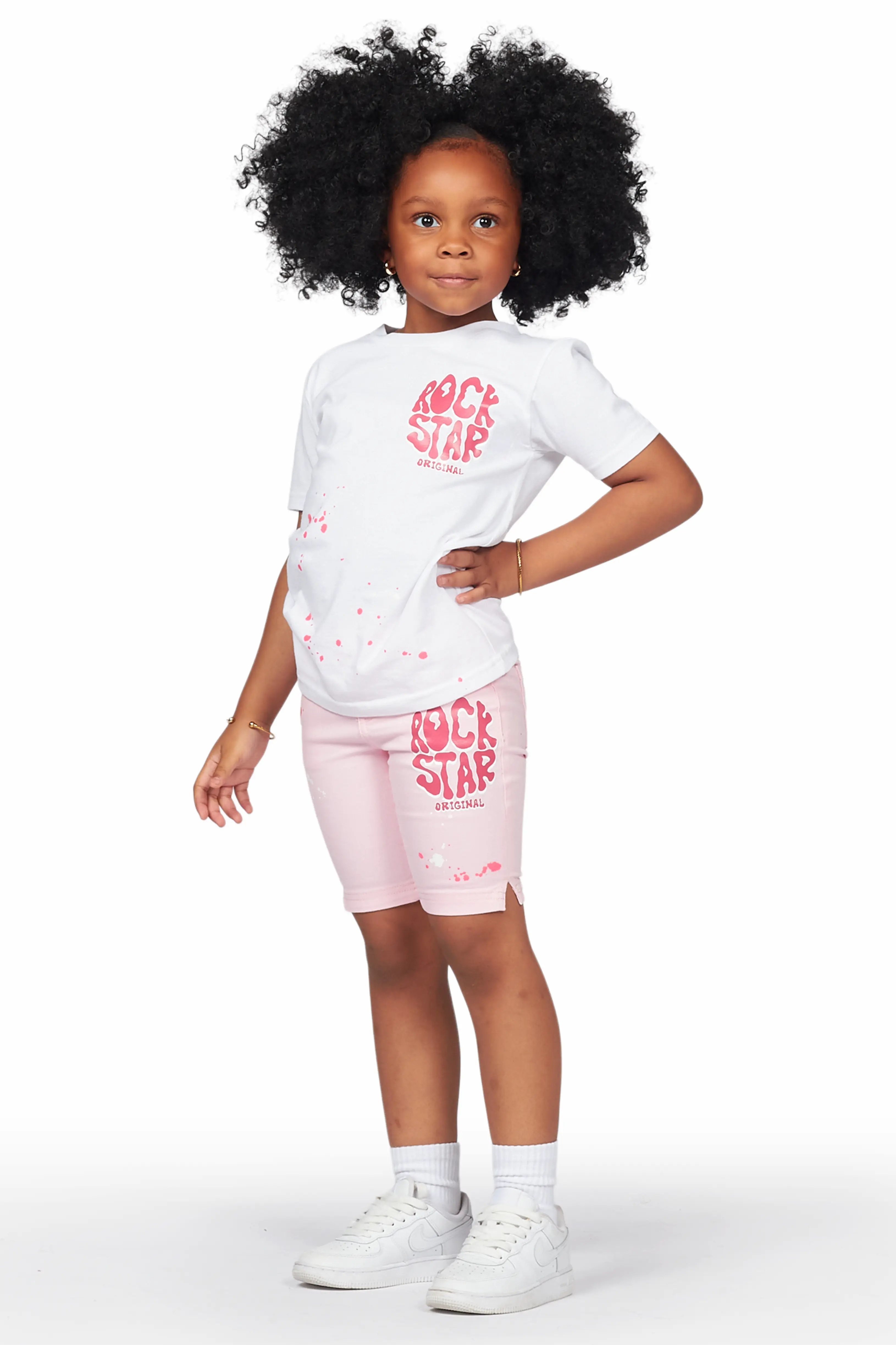 Girls Racha White/Pink T-Shirt Denim Short Set - Image 2