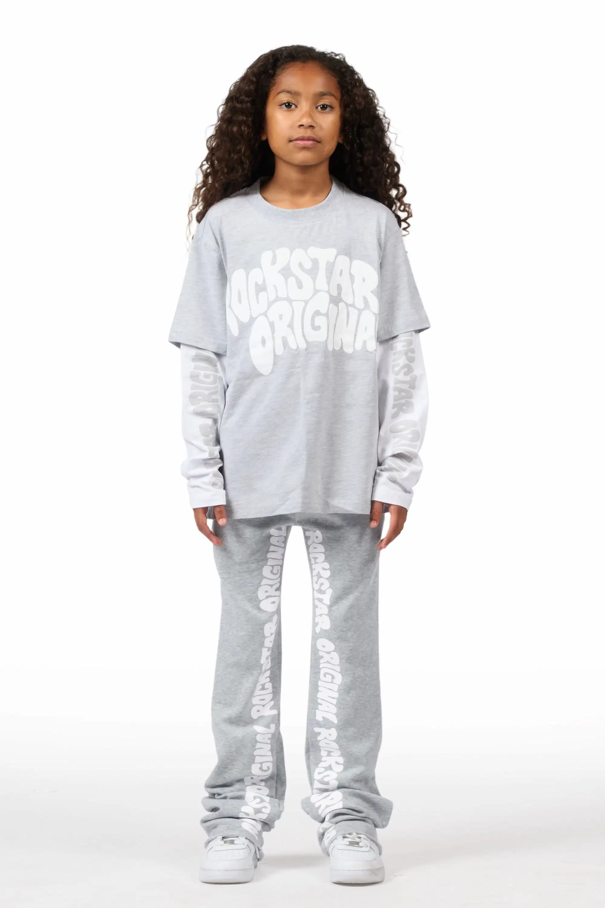 Girls Monique Grey Double Layer T-Shirt Stacked Flare Track Pant Set - Image 2