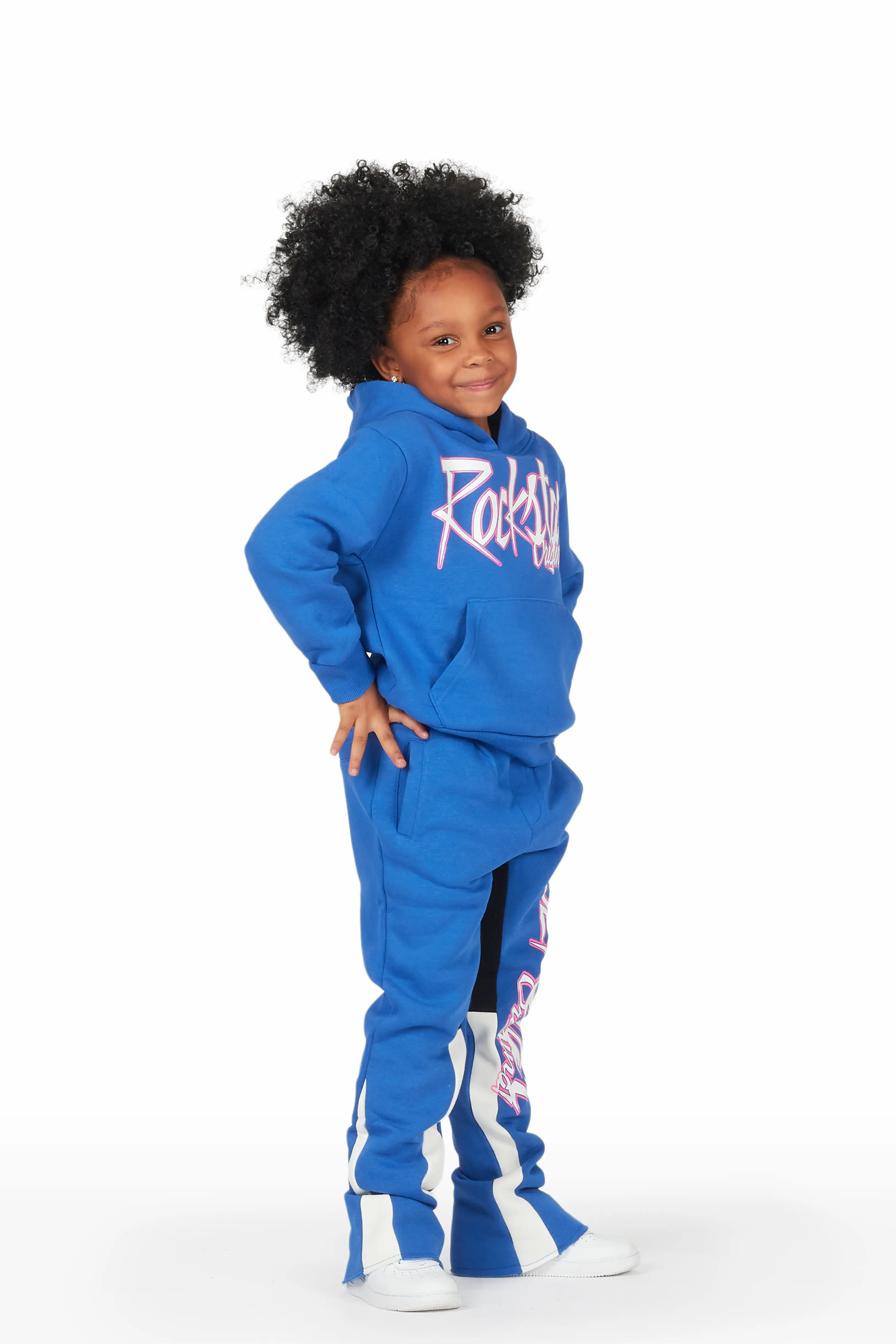 Girls Kalie Royal Blue Hoodie Stacked Flare Track Set - Image 2