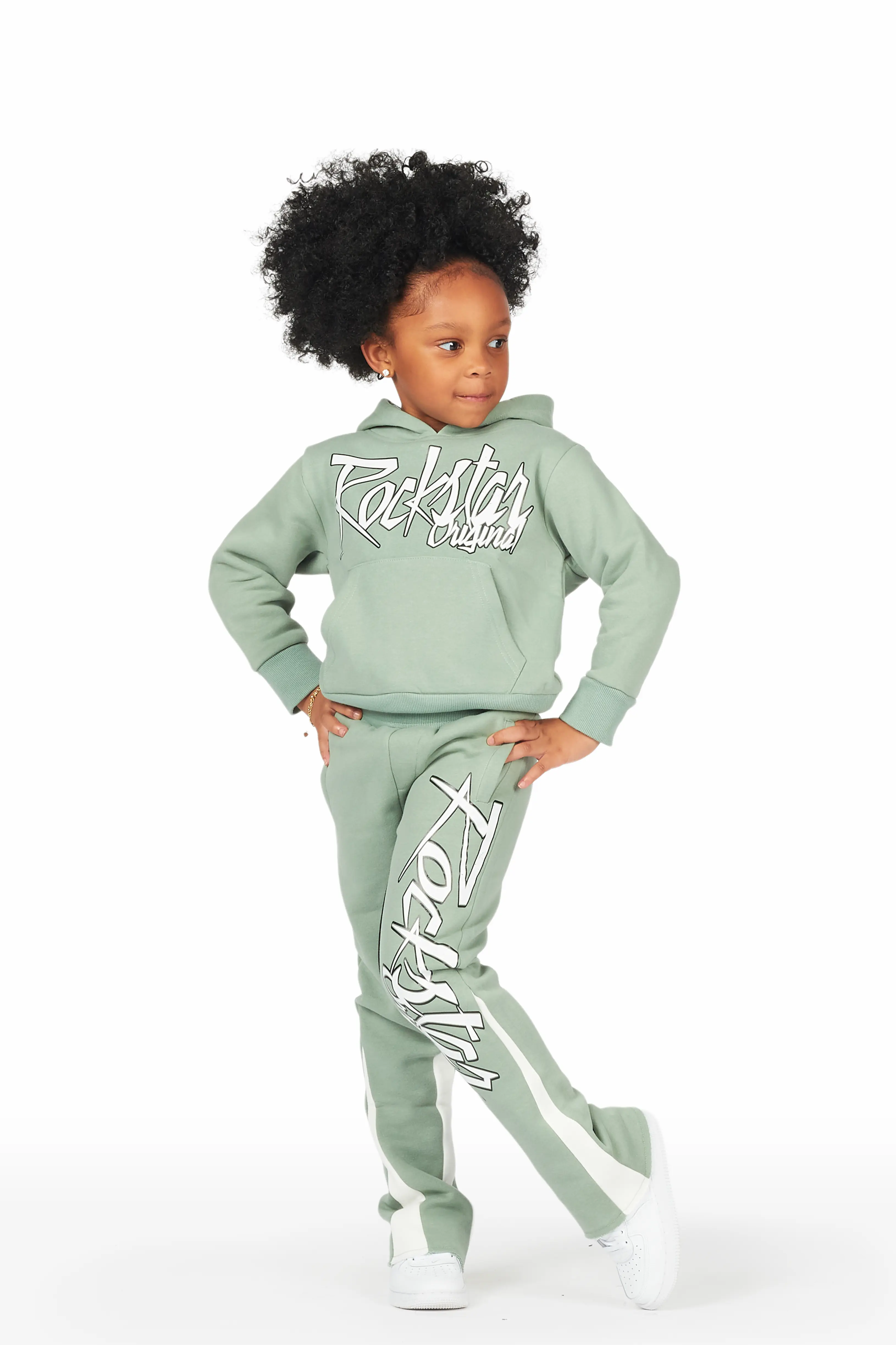 Girls Kalie Sage/White Hoodie Stacked Flare Track Set - Image 3