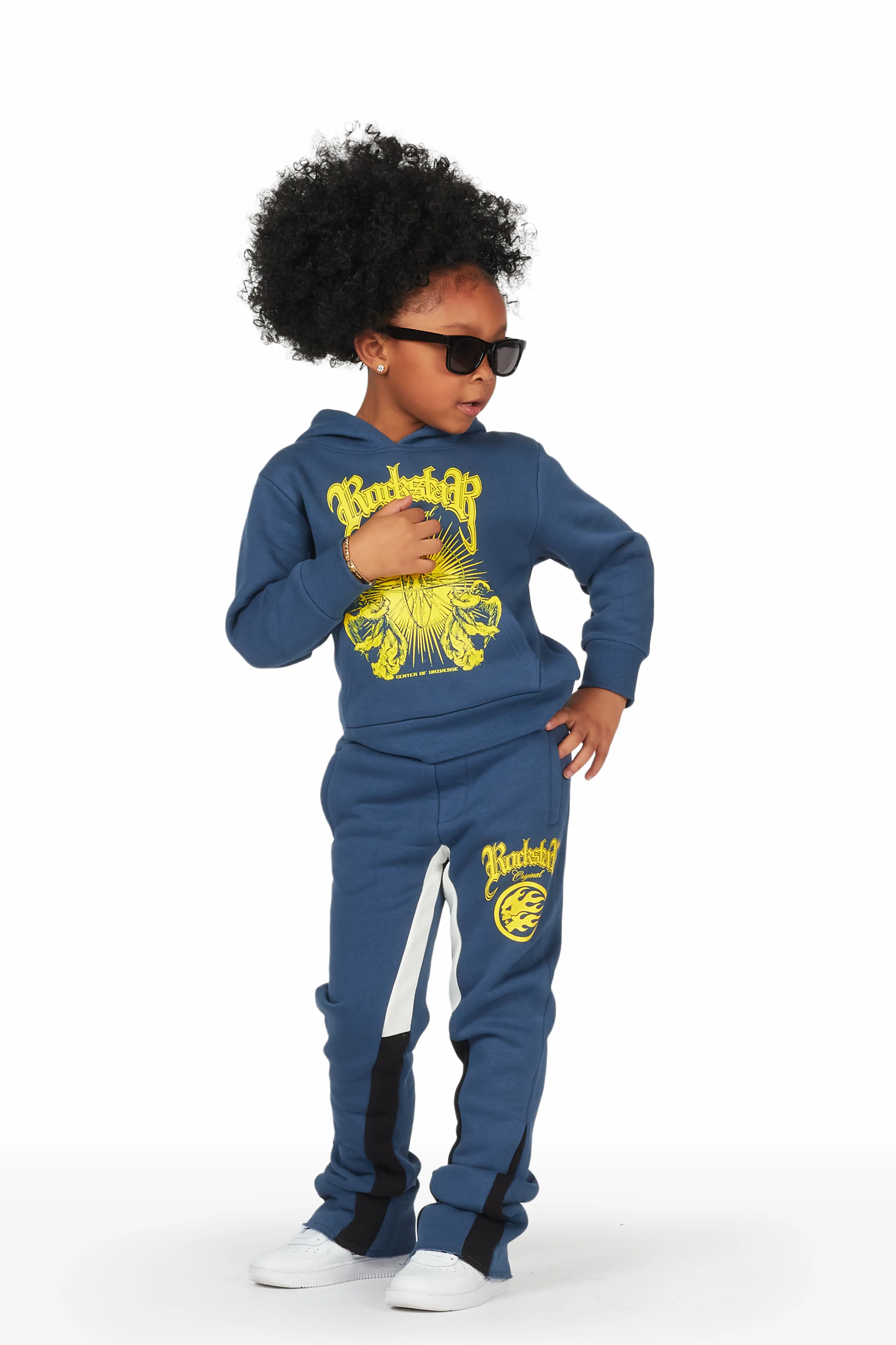 Girls Yadi Navy Hoodie Super Stacked Flare Track Set - Image 3