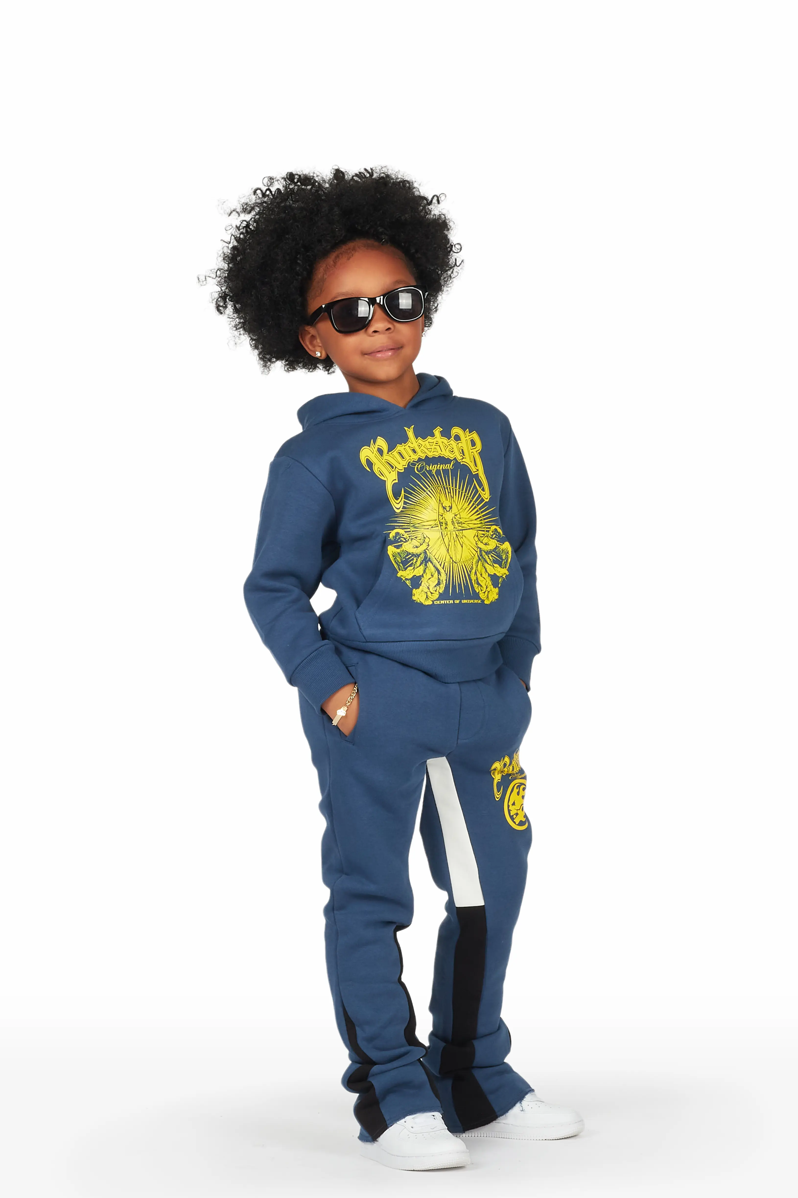 Girls Yadi Navy Hoodie Super Stacked Flare Track Set - Image 4