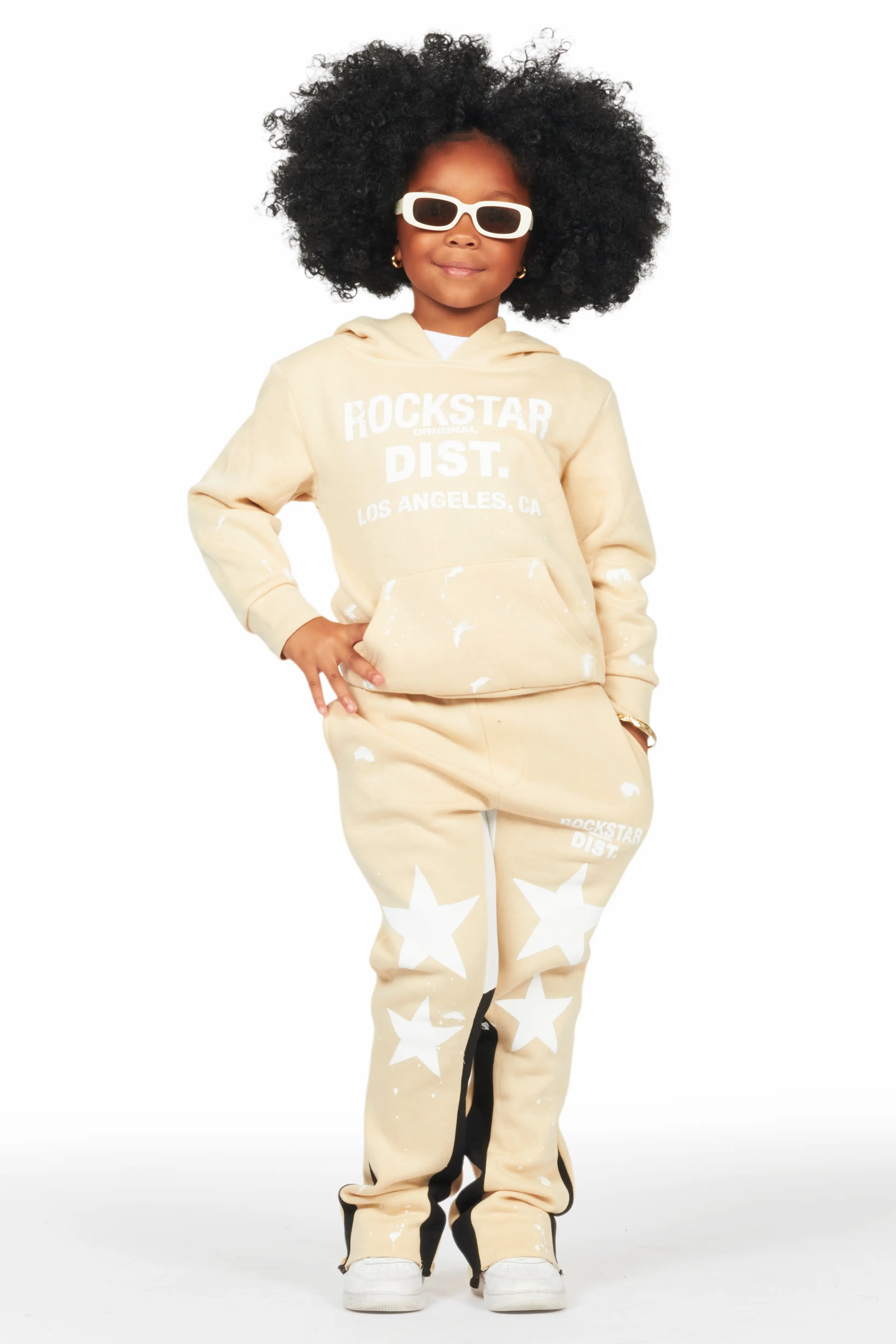Girls Harlow Beige Hoodie Stacked Flare Track Set - Image 2