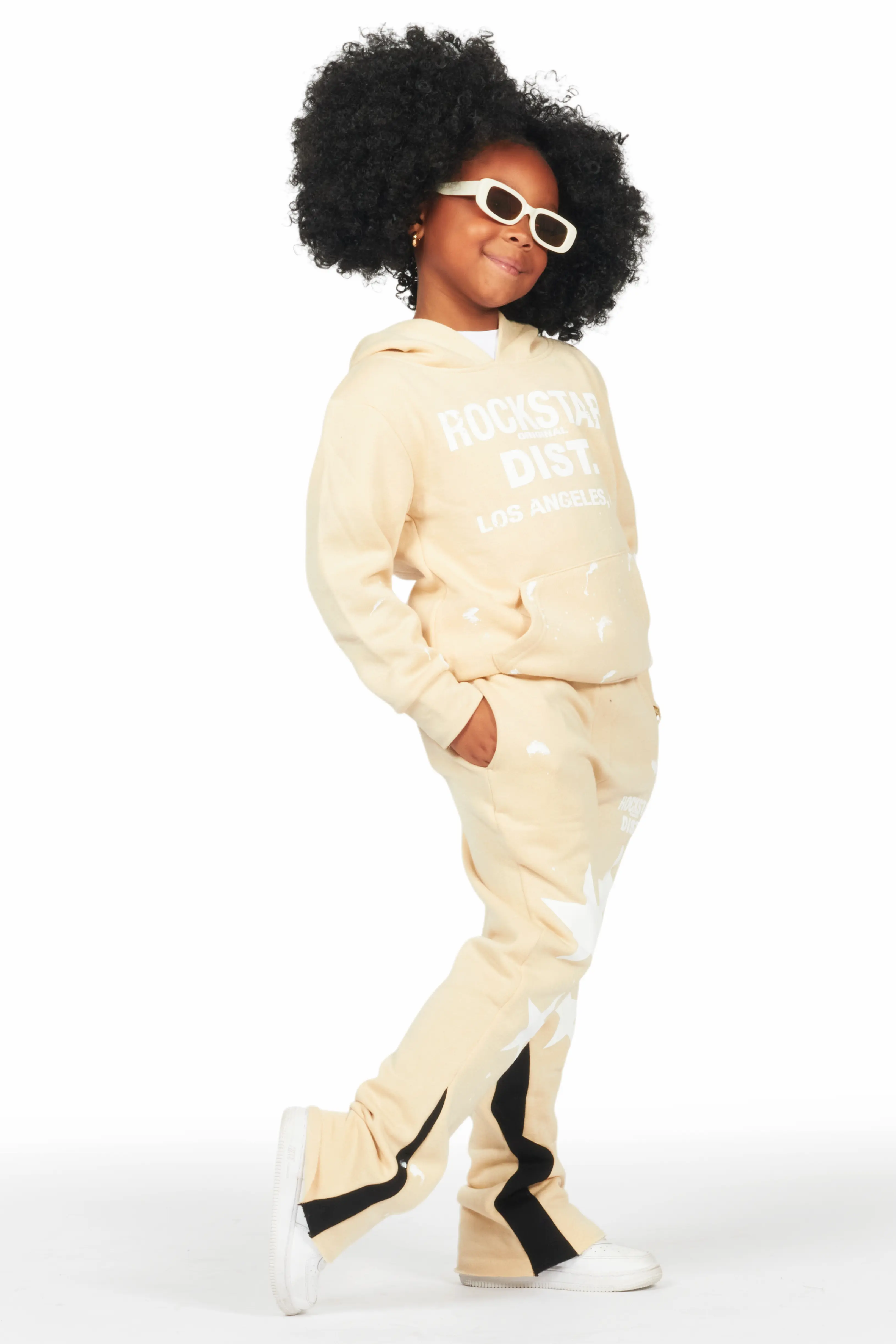 Girls Harlow Beige Hoodie Stacked Flare Track Set - Image 4
