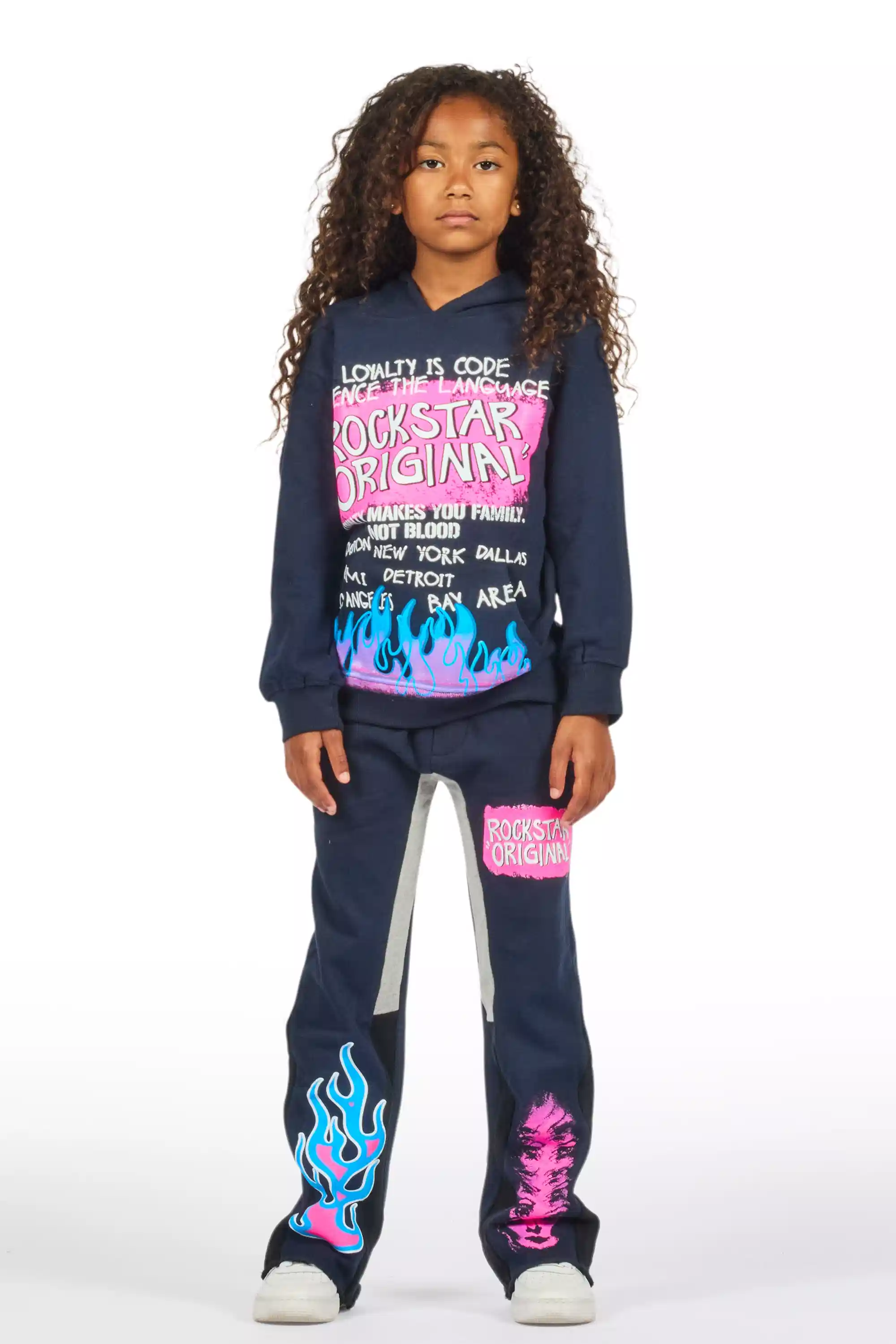 Girls Bridgette Navy/Pink Hoodie Stacked Flare Track Set - Image 2