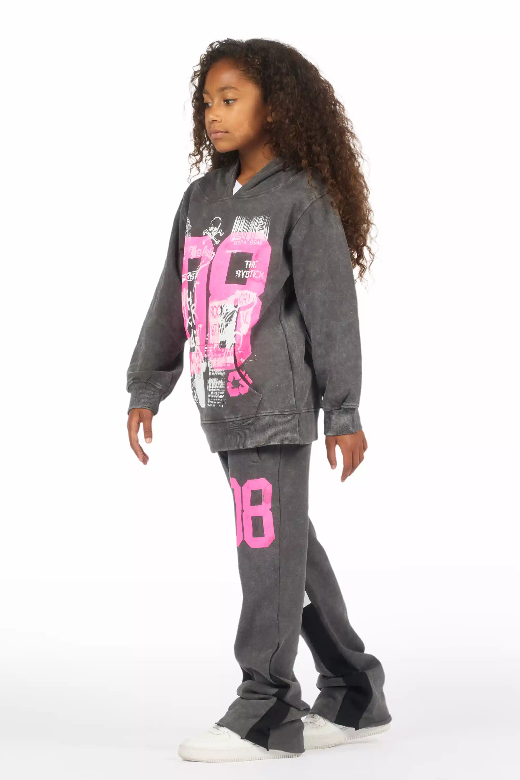 Girls Kammy Vintage Grey/Pink Hoodie Stacked Track Set - Image 6
