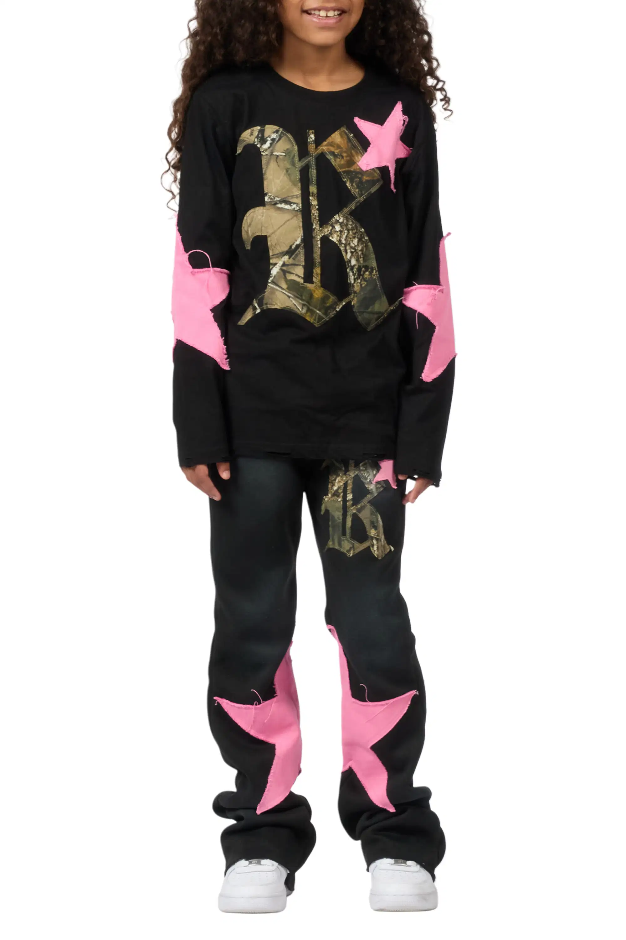 Girls Delgera Black/Pink Long Sleeve T-Shirt Track Set - Image 8