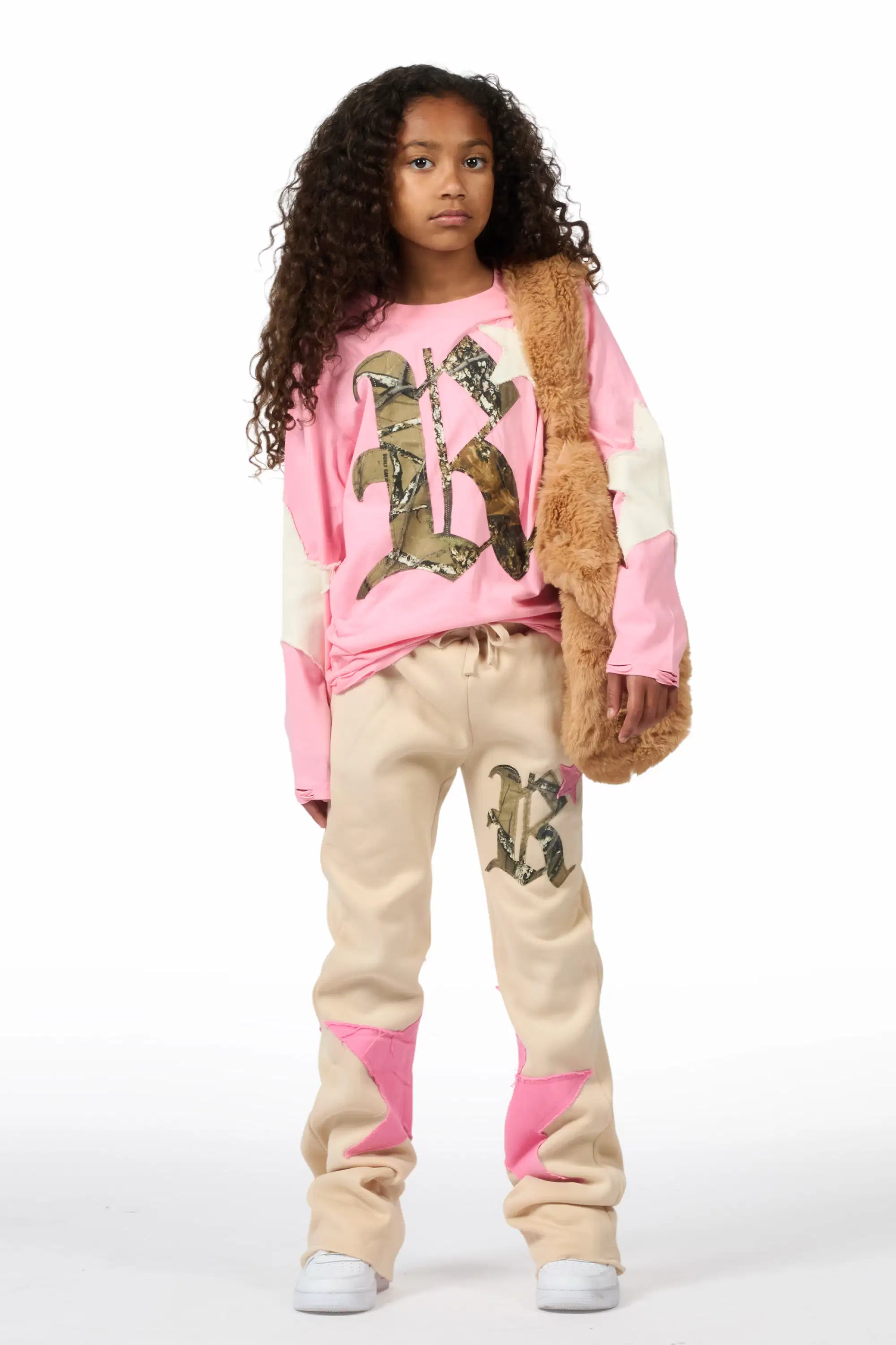 Girls Delgera Pink/Beige Long Sleeve T-Shirt Track Set - Image 2