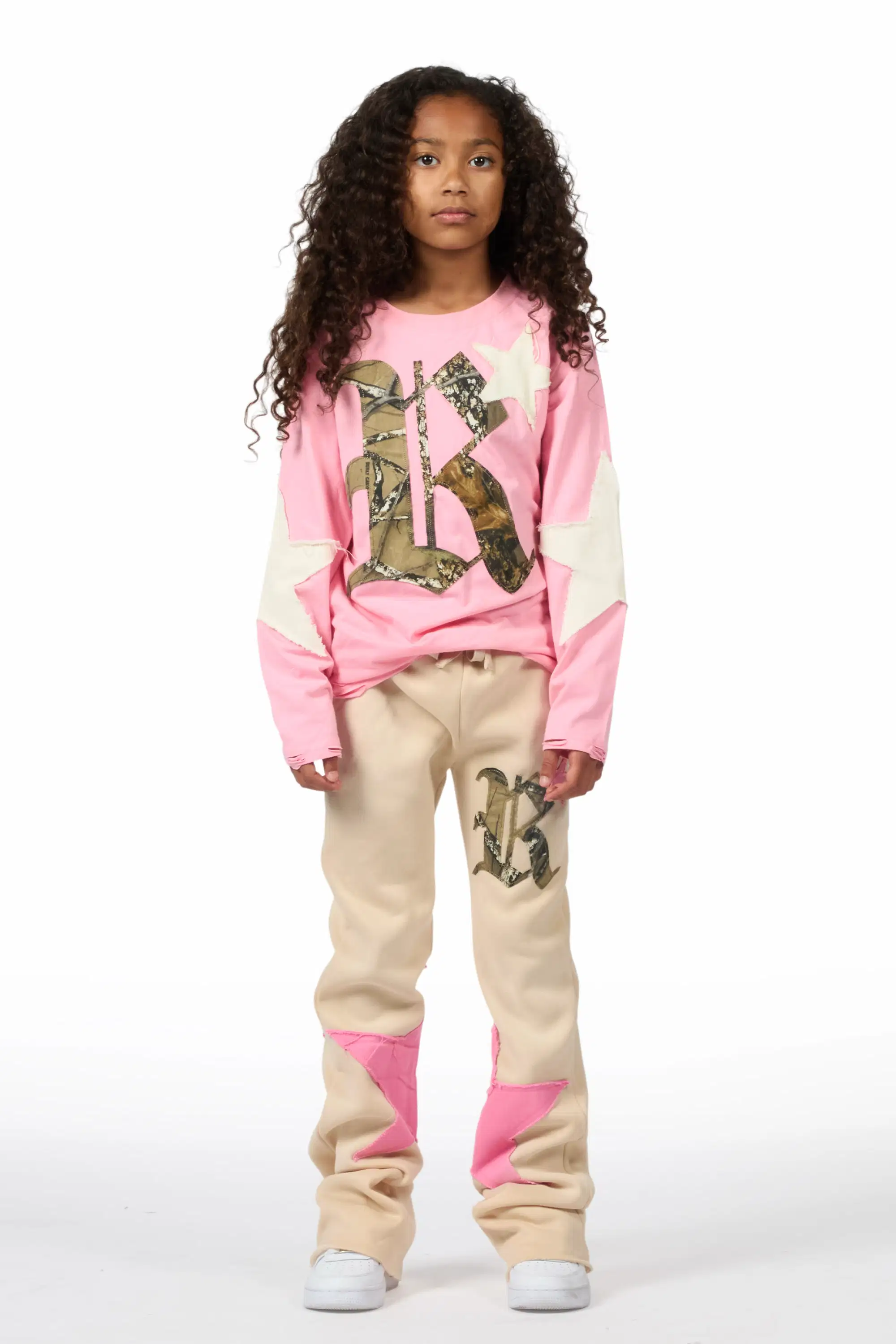 Girls Delgera Pink/Beige Long Sleeve T-Shirt Track Set - Image 5