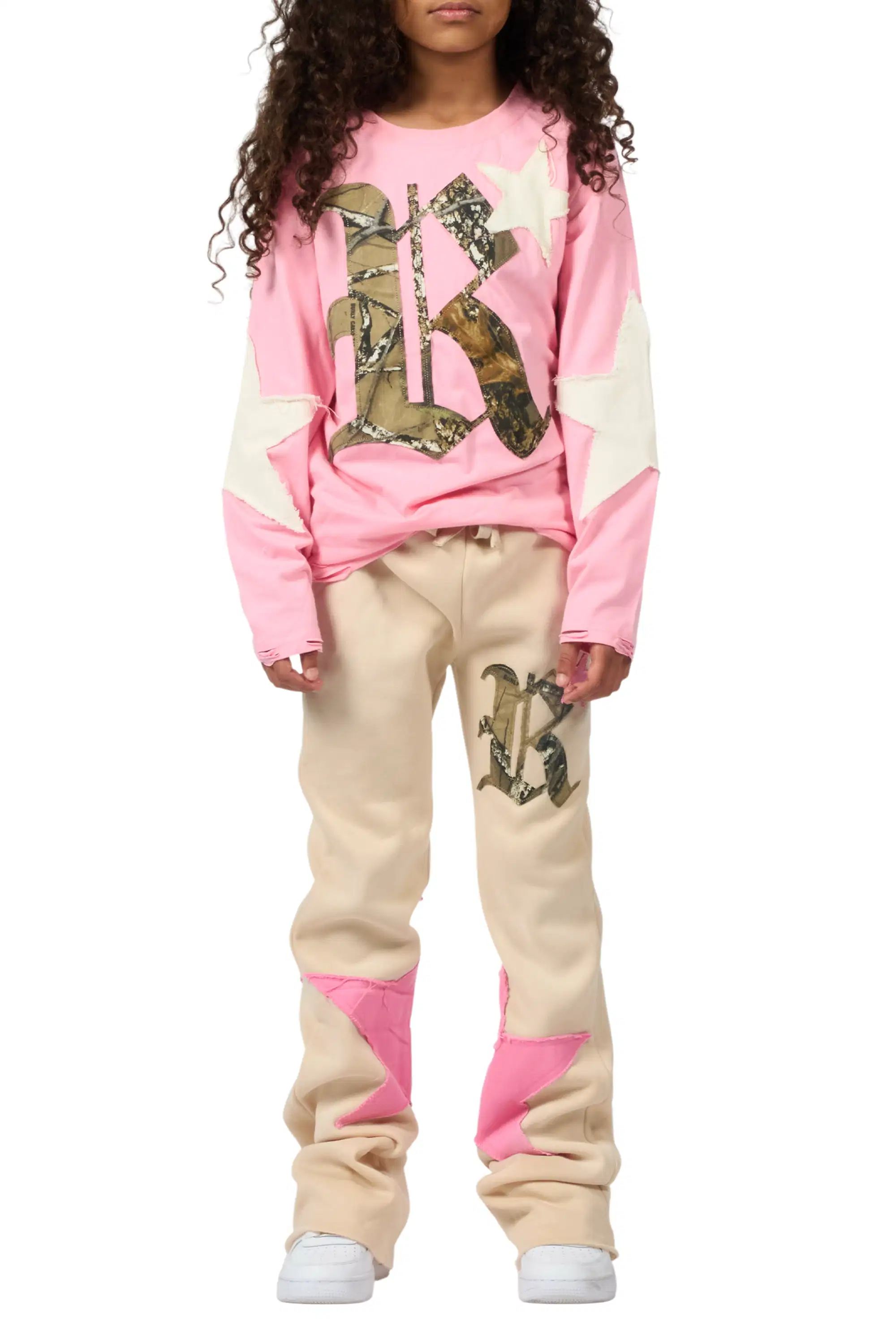 Girls Delgera Pink/Beige Long Sleeve T-Shirt Track Set - Image 9