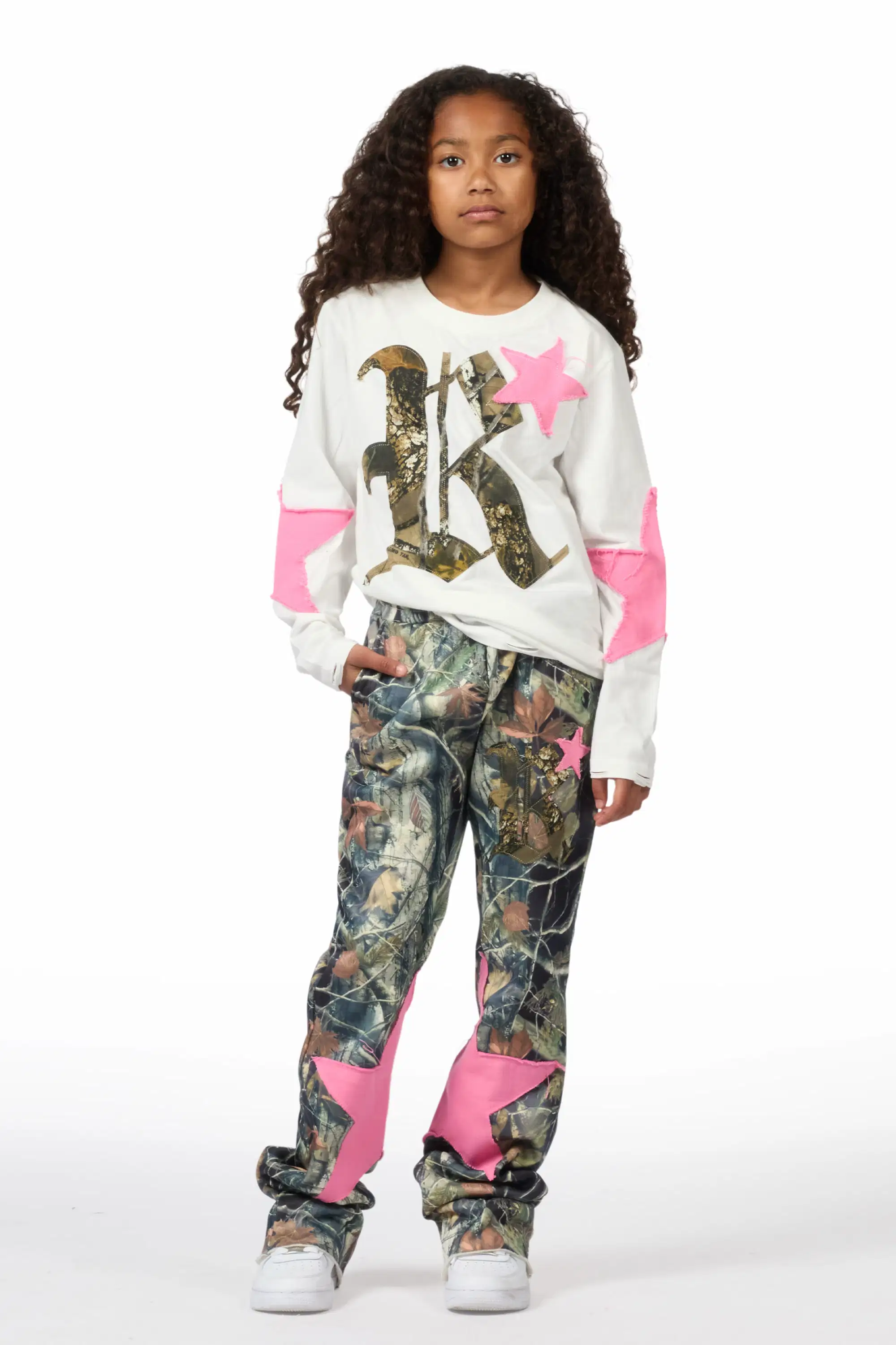 Girls Delgera White/Camo Long Sleeve T-Shirt Track Set - Image 2