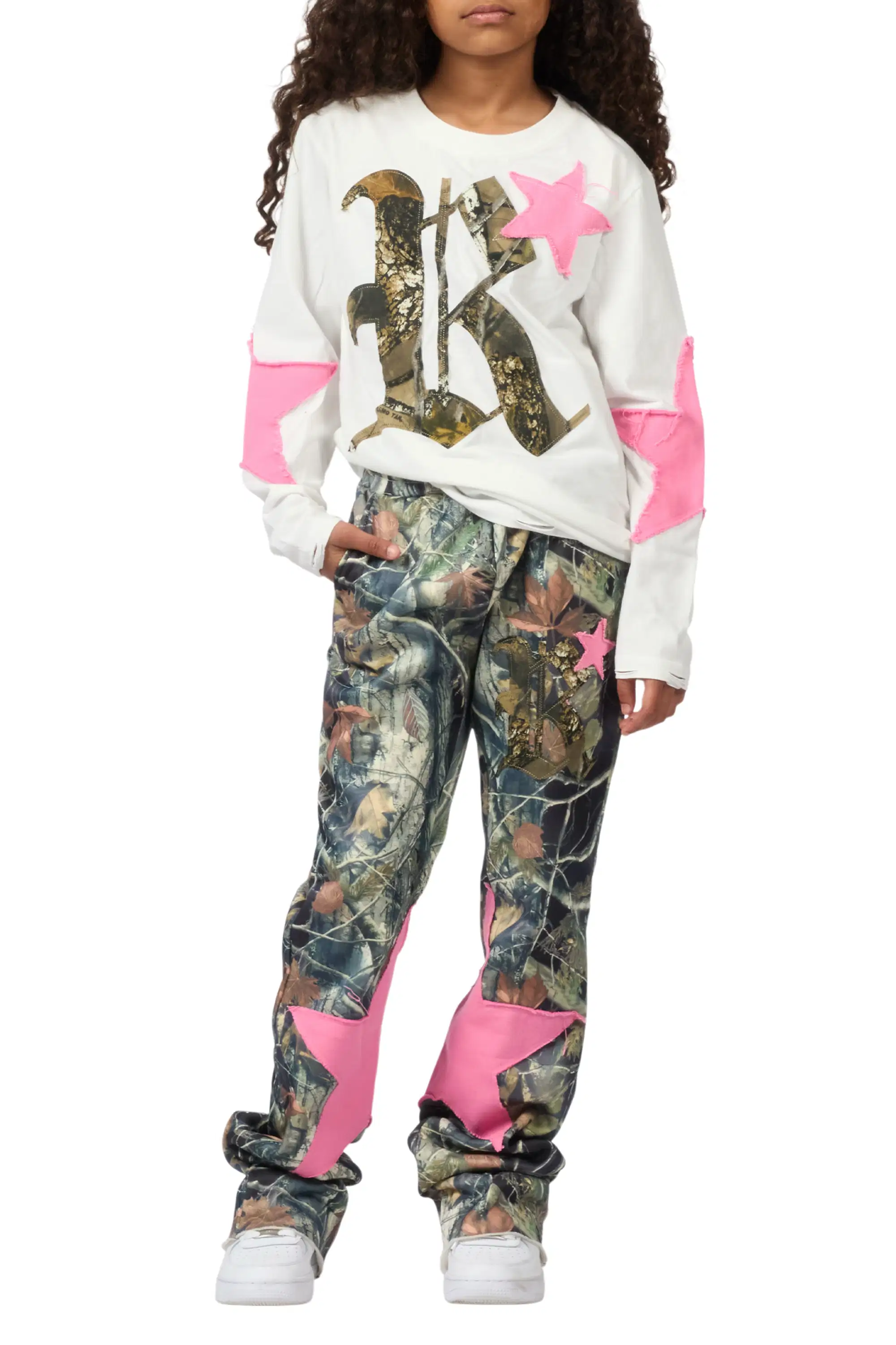 Girls Delgera White/Camo Long Sleeve T-Shirt Track Set - Image 9