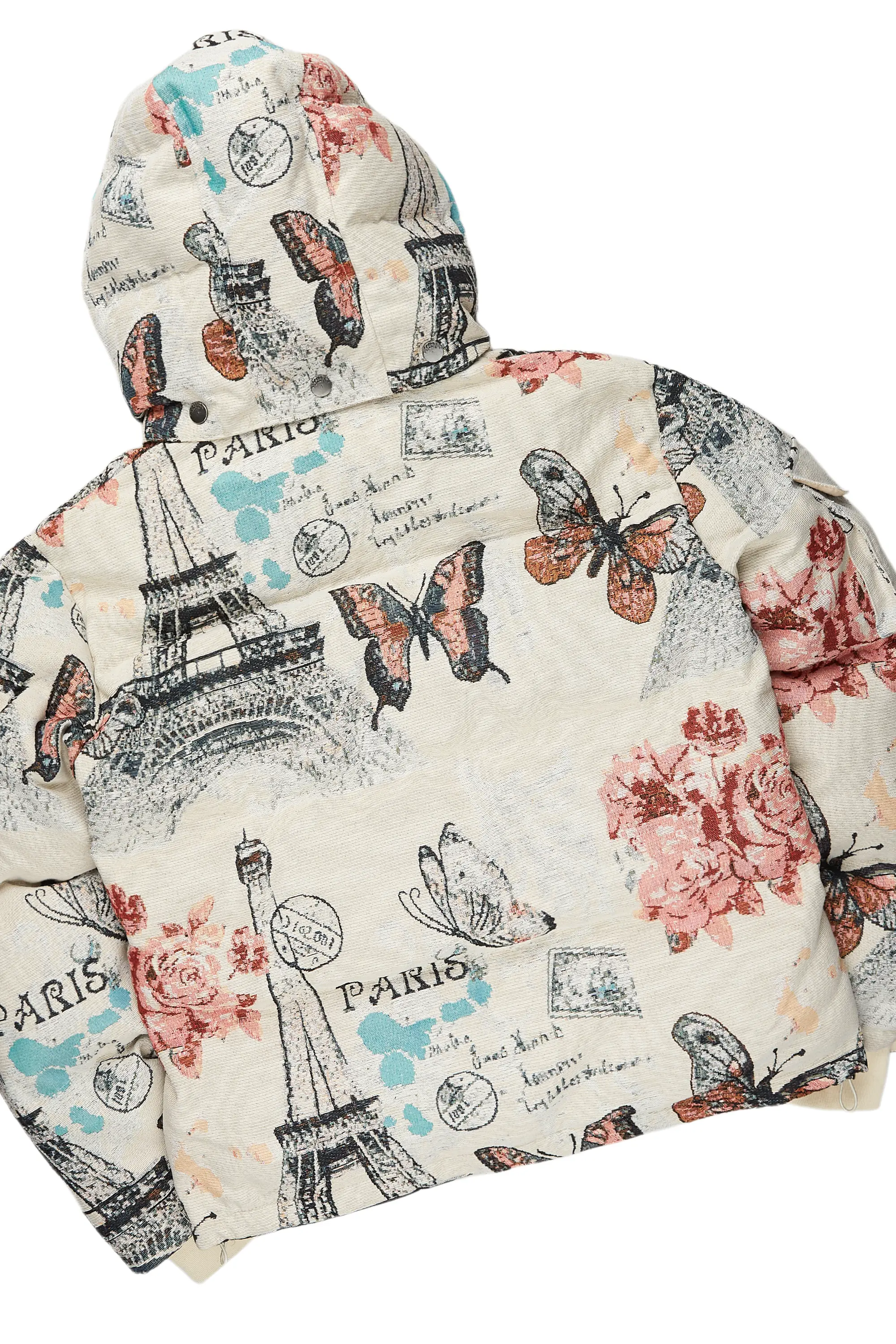 Girls Lamia Beige Multi Tapestry Puffer Jacket/Flare Jean Set - Image 4