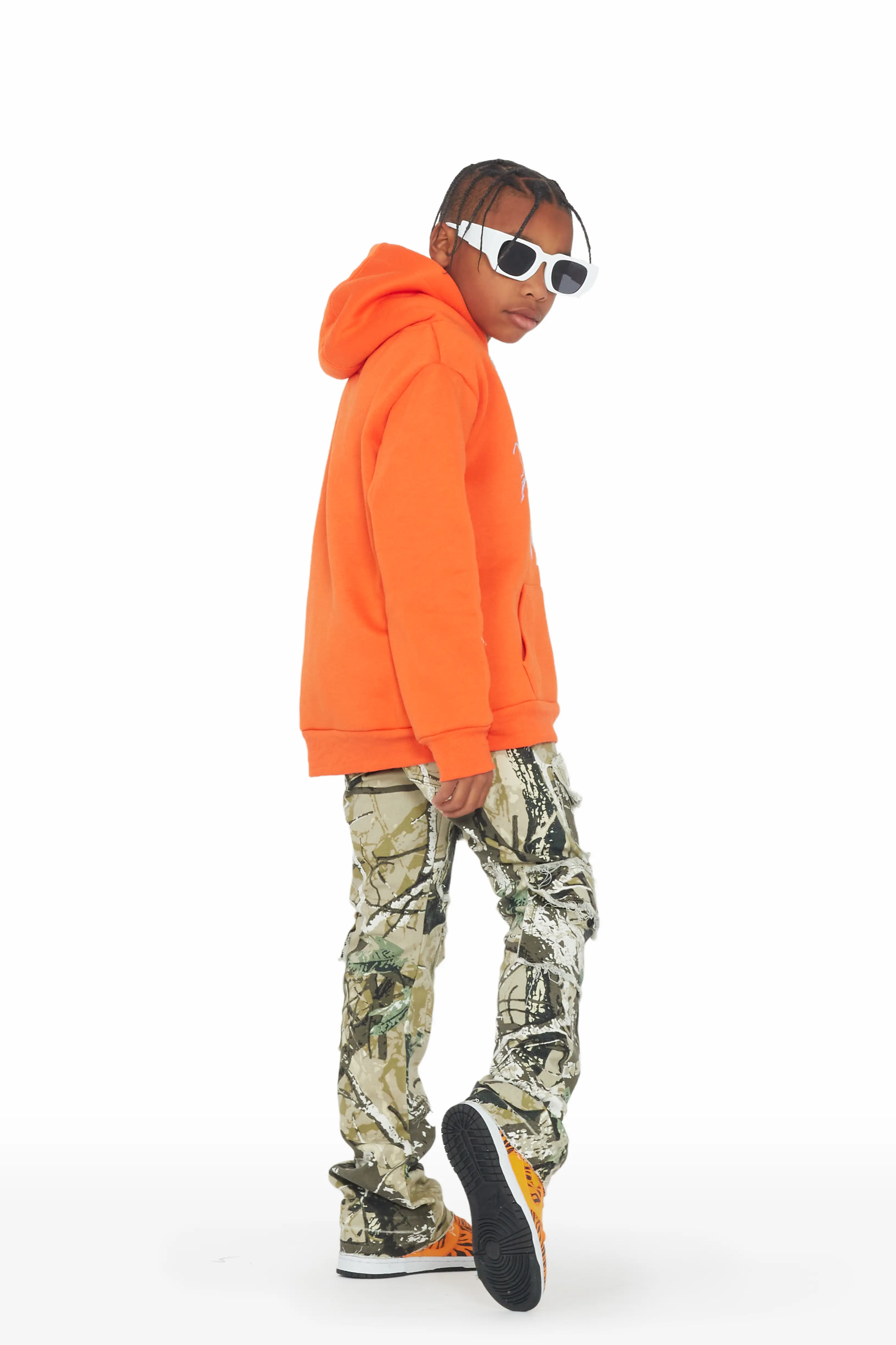 Boys Clayy Orange Hoodie/Tree Camo Stacked Flare Jean Set - Image 3