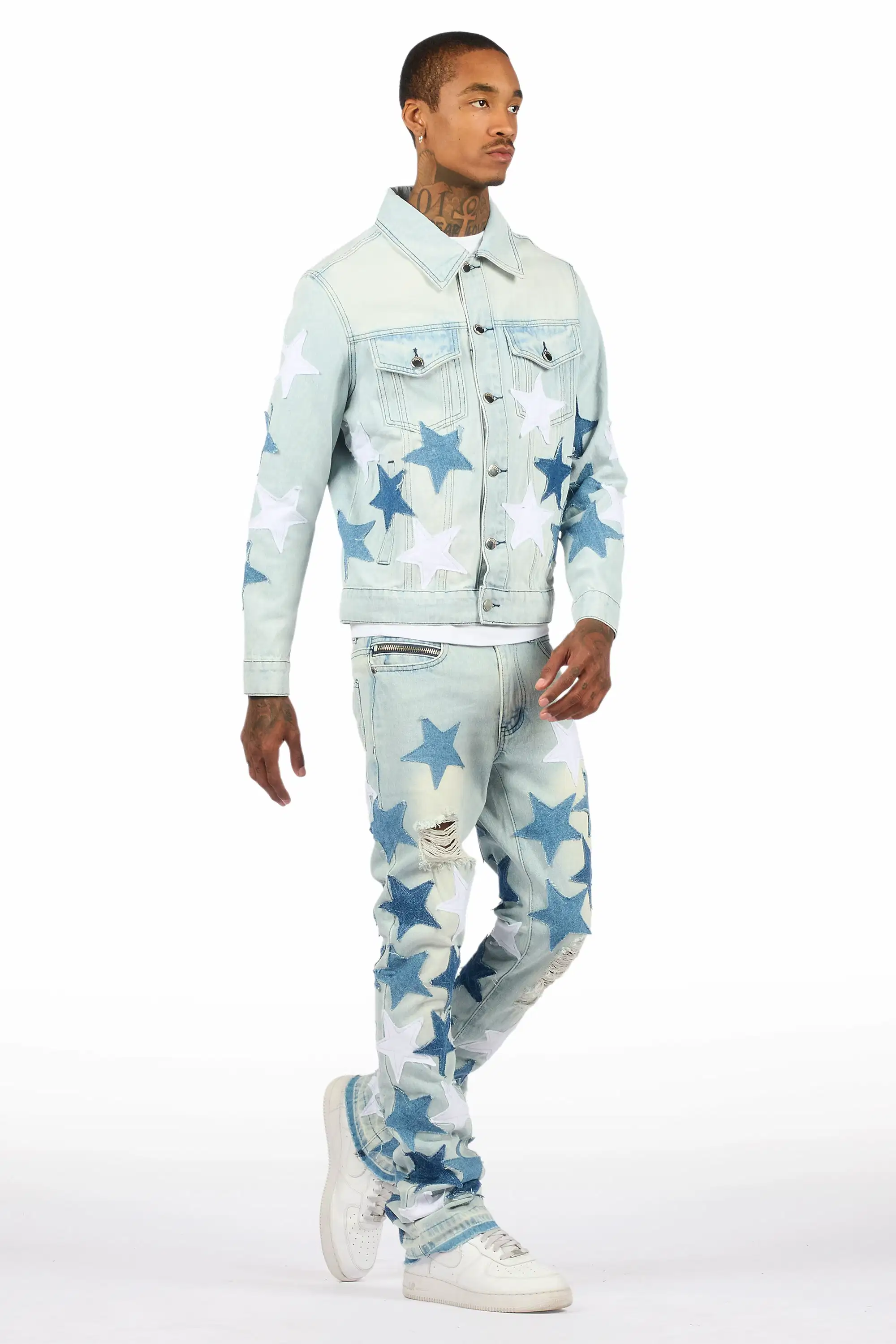 Starlane Light Blue Denim Jacket/Stacked Flare Jean Set - Image 4