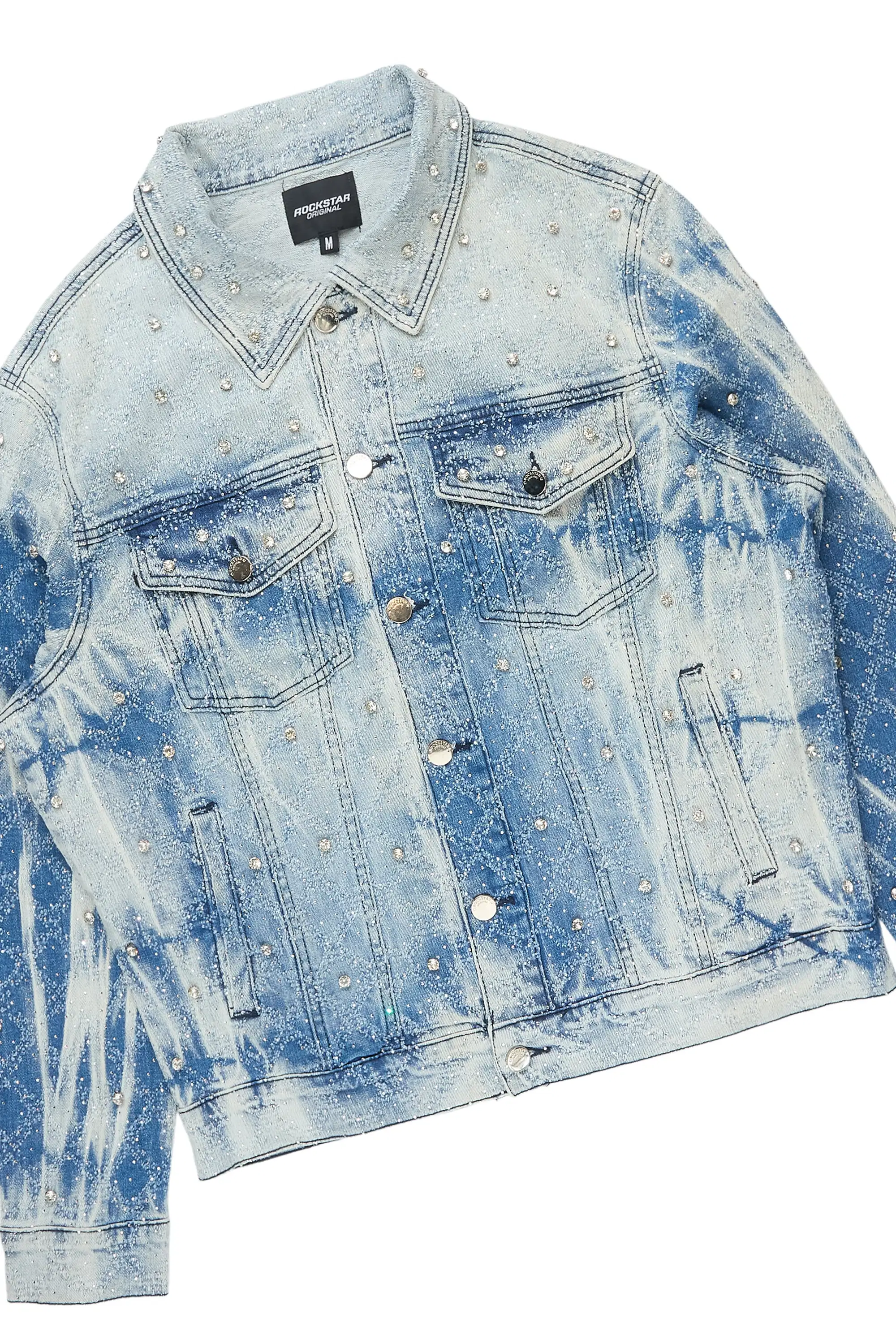 Glit Dark Blue Rhinestone Denim Jacket/Stacked Flare Jean Set - Image 3