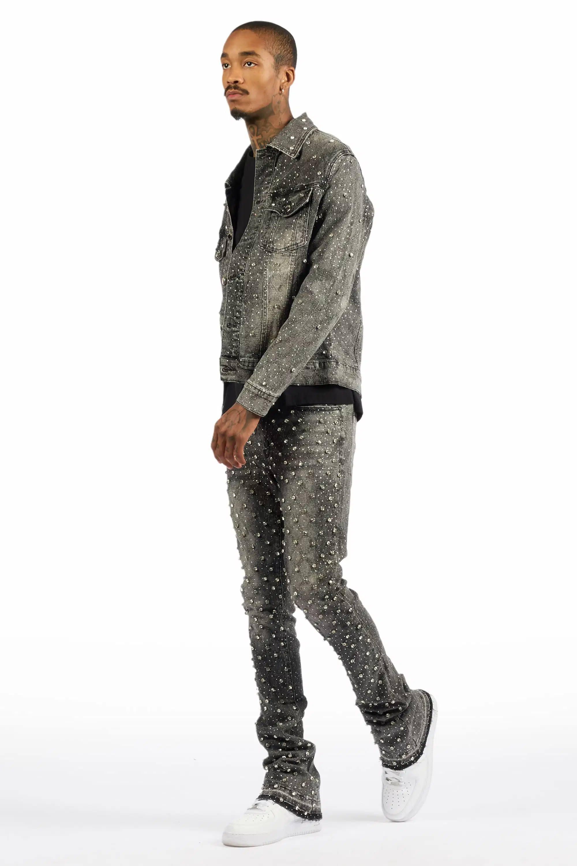 Glit Dark Grey Rhinestone Denim Jacket/Stacked Flare Jean Set - Image 6