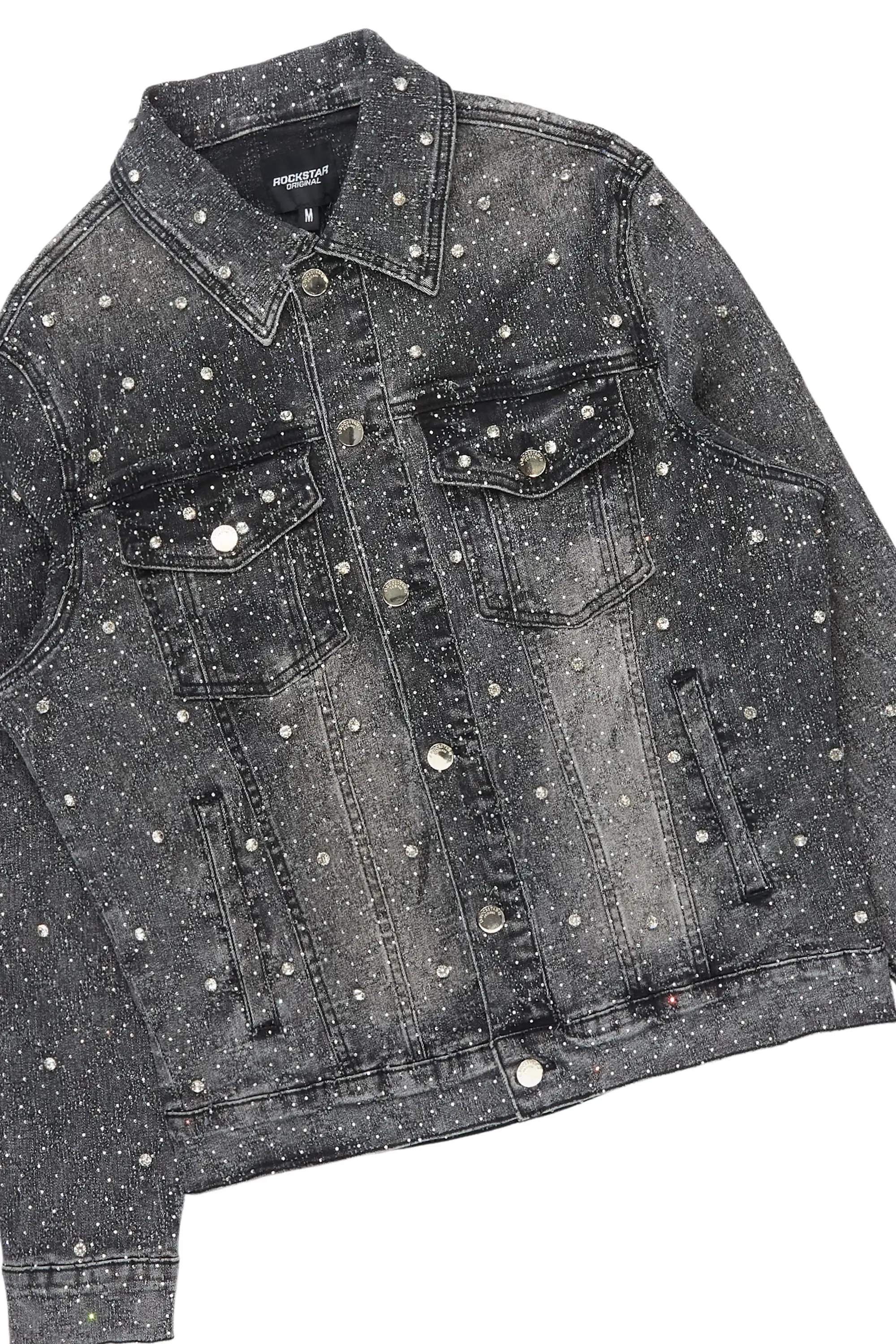Glit Dark Grey Rhinestone Denim Jacket/Stacked Flare Jean Set - Image 7