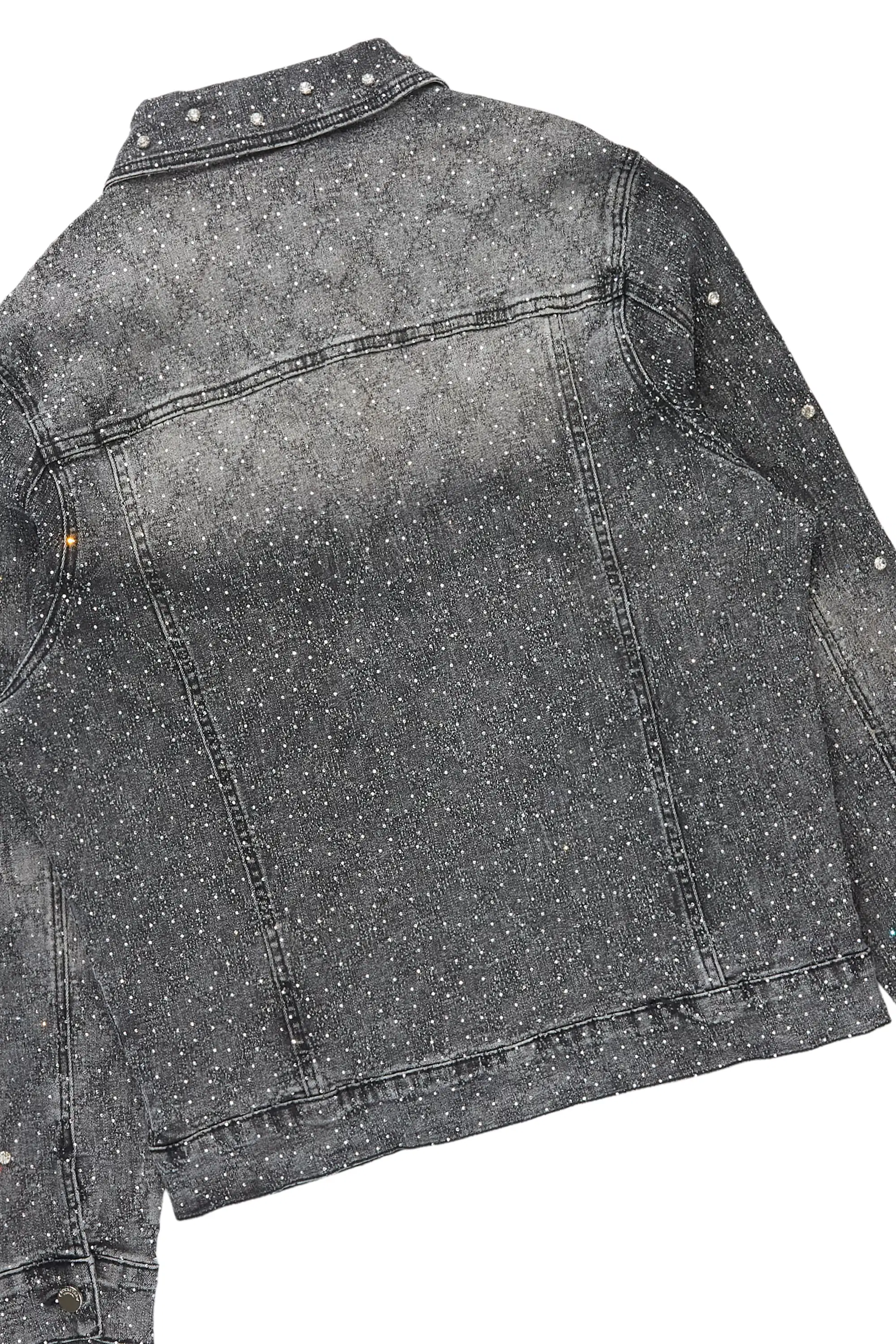 Glit Dark Grey Rhinestone Denim Jacket/Stacked Flare Jean Set - Image 8