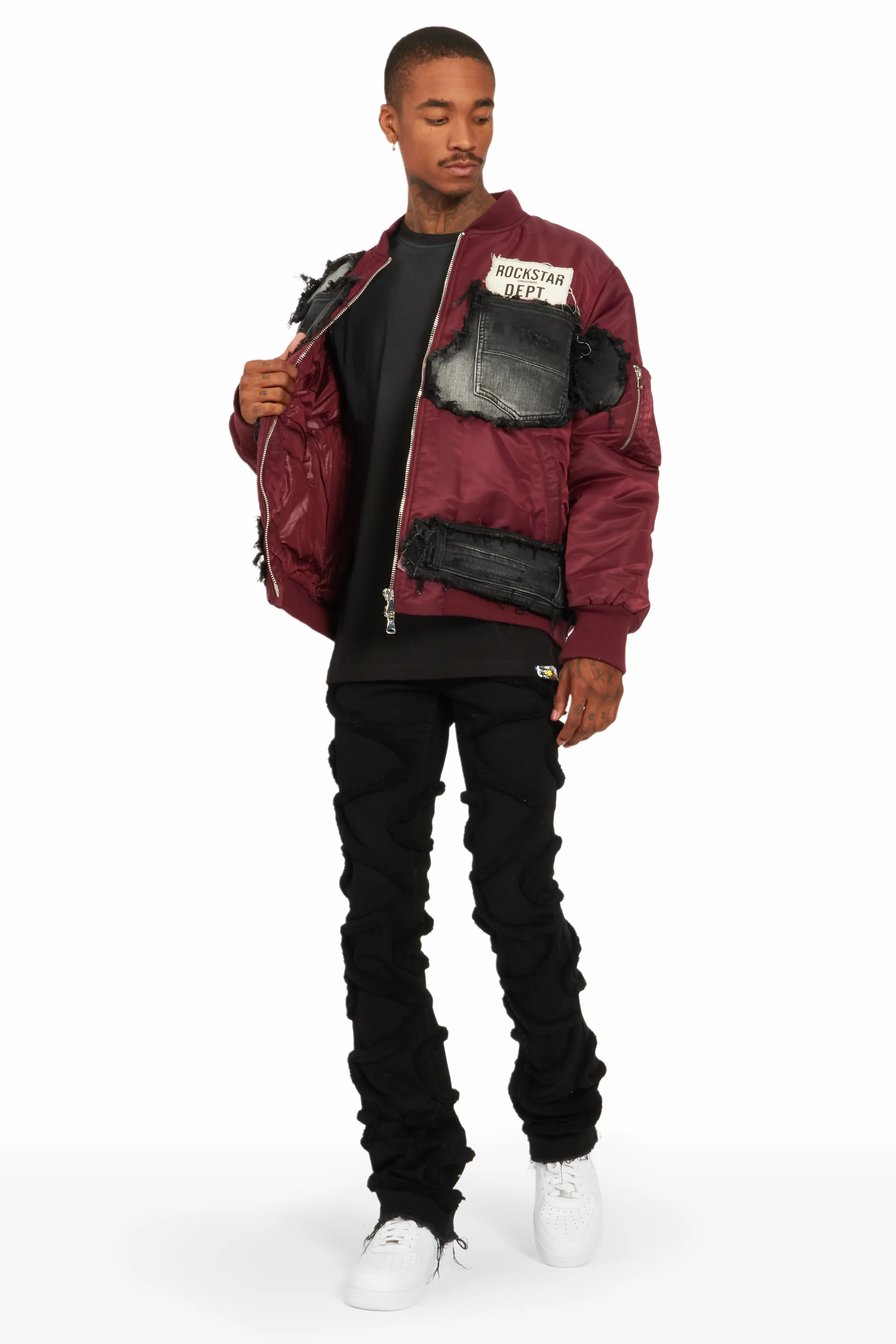 Xylo Burgundy Patchwork Bomber Jacket - Image 6