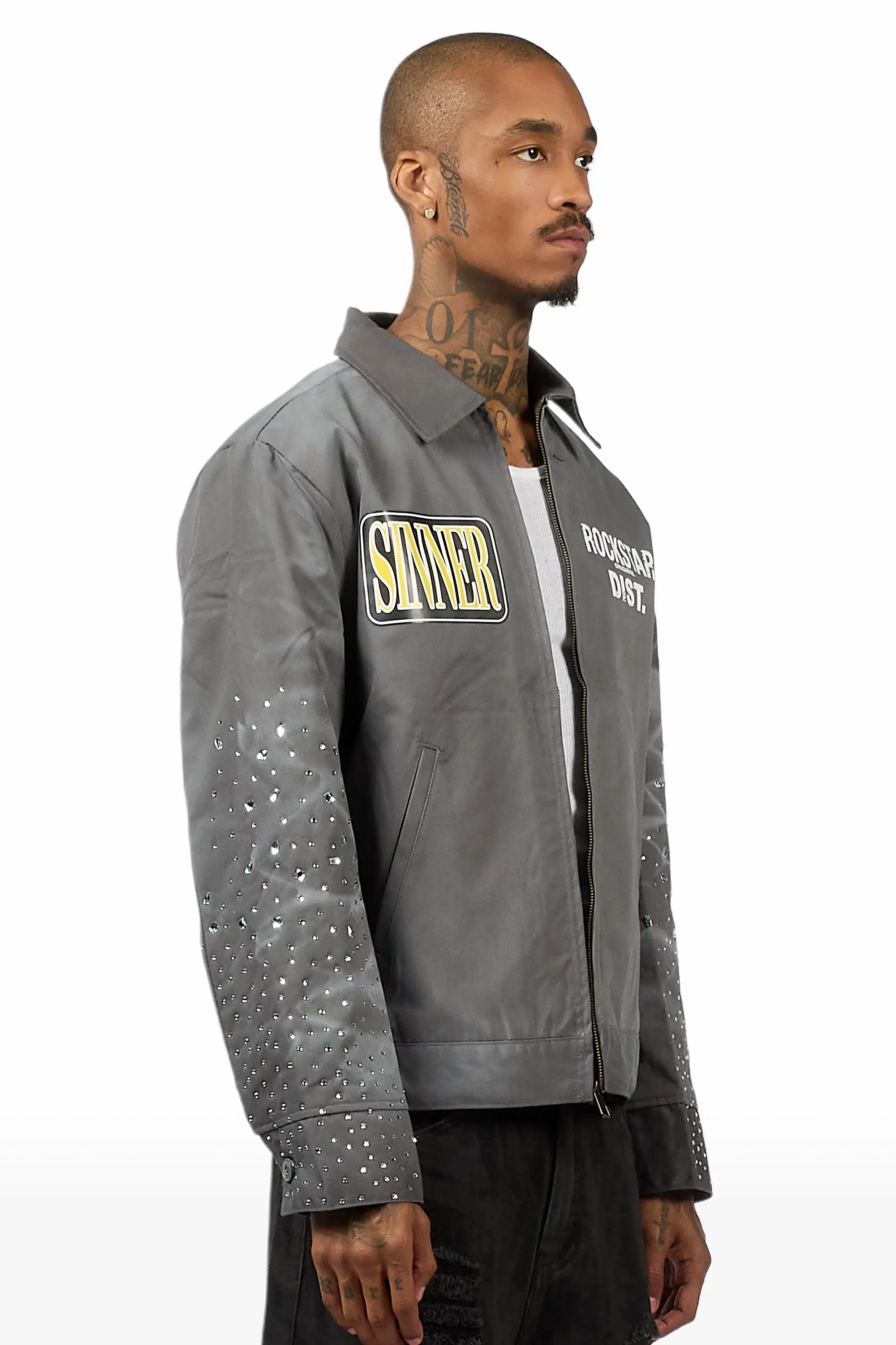 Traval Dark Grey Rhinestone Workman Jacket - Image 4