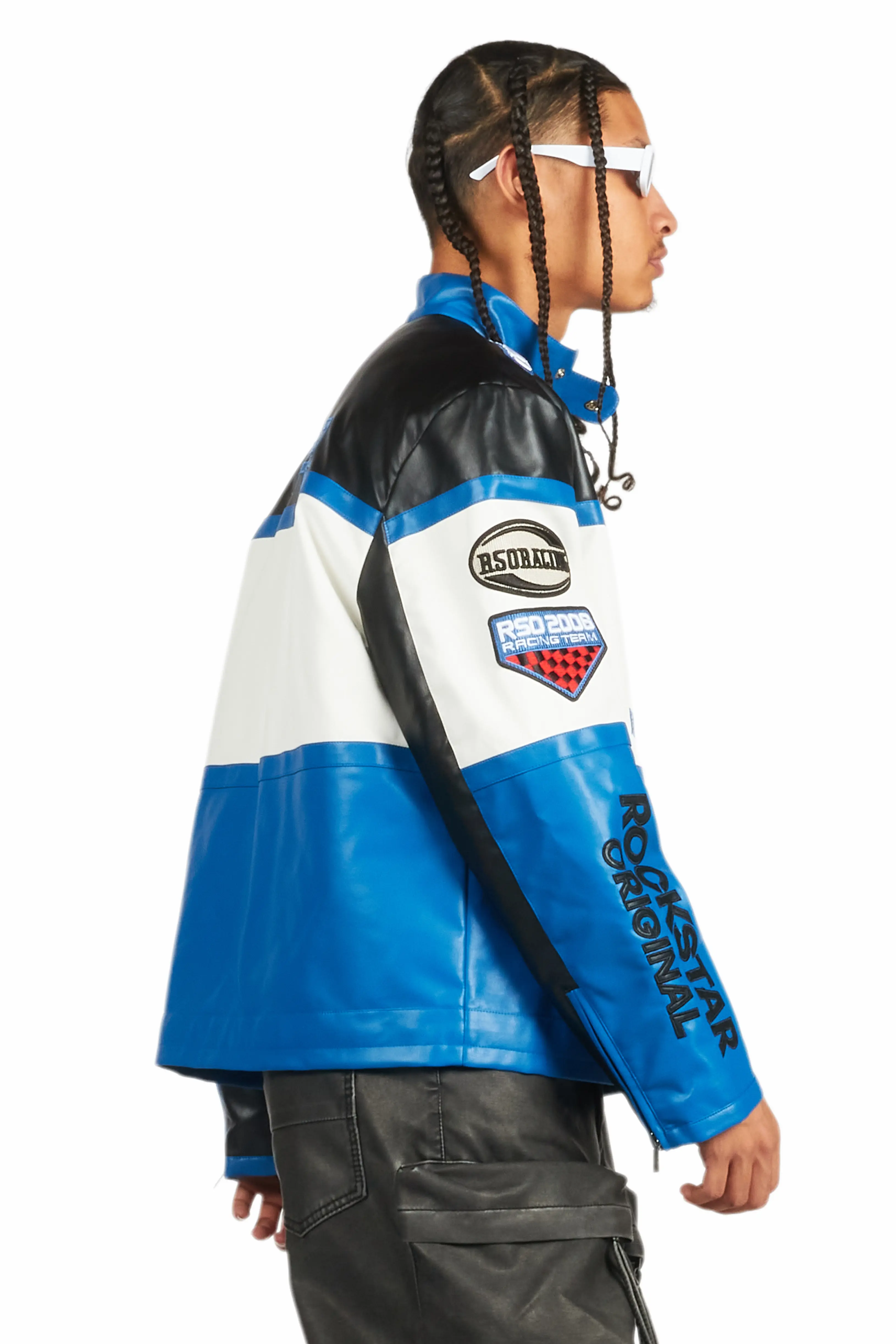 Balint Black/Blue Leather Moto Jacket - Image 5